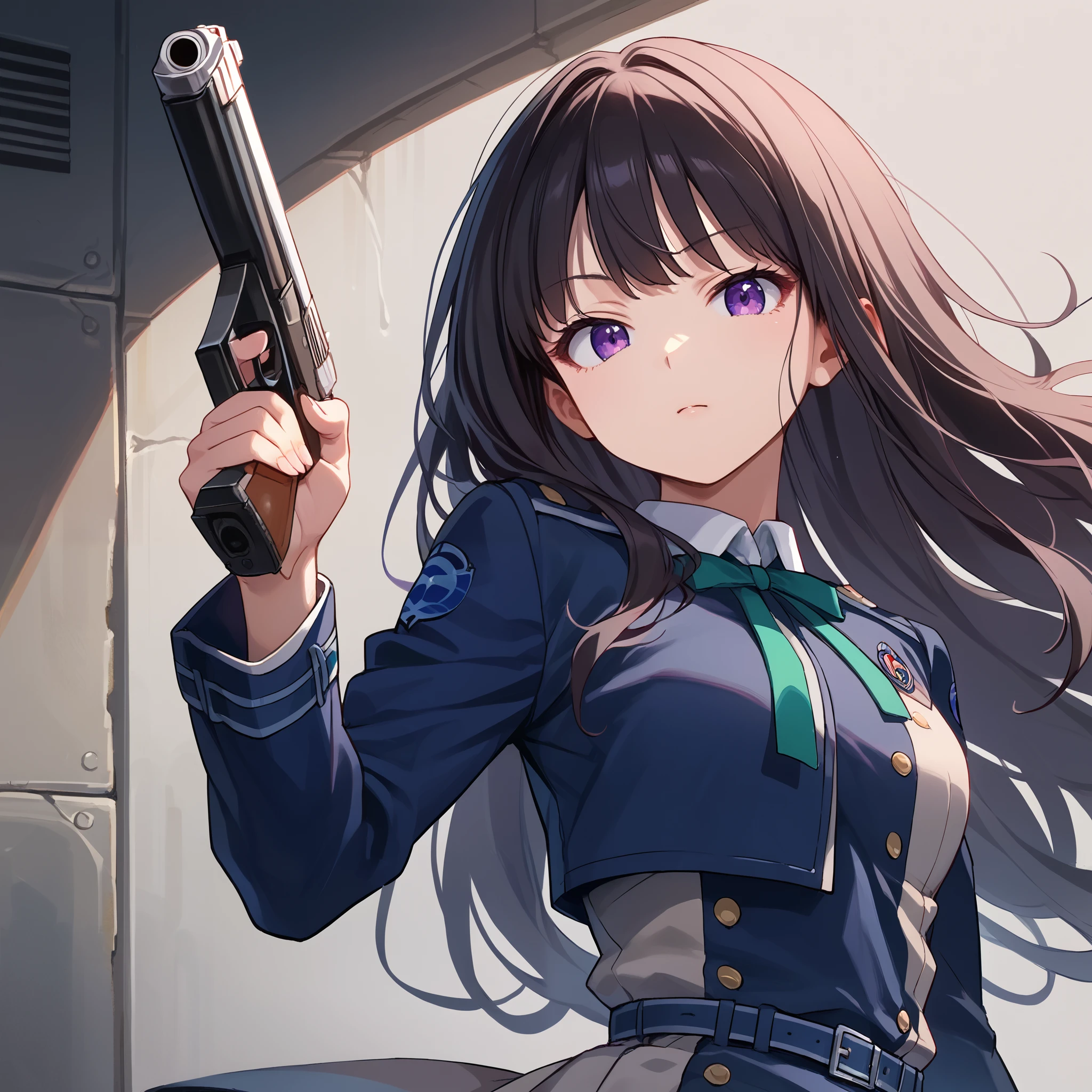 score_9, score_8_up, score_7_up, score_6_up, score_5_up, score_4_up, BREAK source_anime, look at viewer, rating_safe, 1girl, solo, holding gun, handgun, masterpiece, best quality, high detailed skin,  inoue takina, takina def, long hair, black hair, purple eyes, lycoris uniform, long sleeves, green neck ribbon, blue belt,