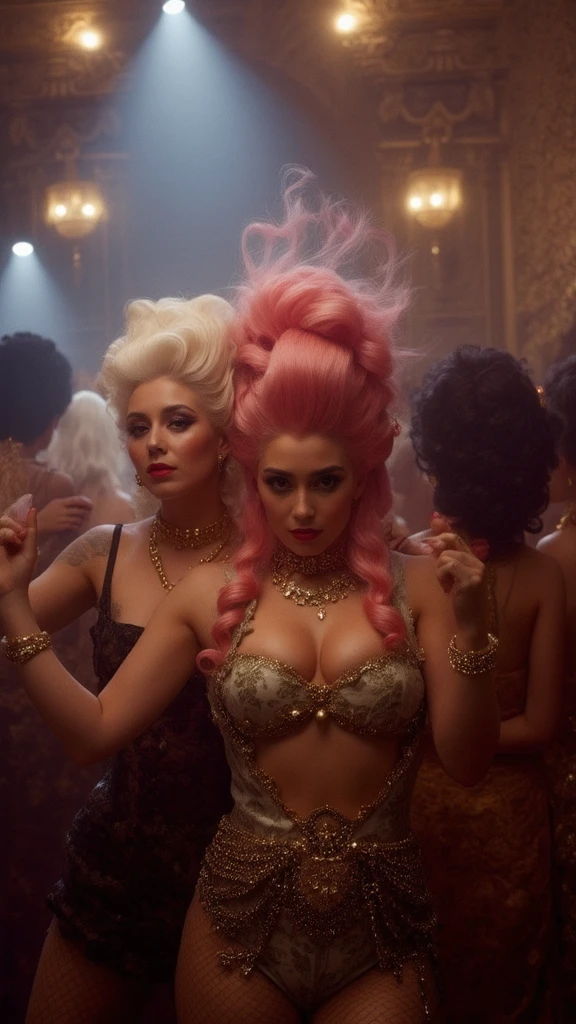 close-up photo of a few friends dancing at a nightclub with a big crowd around them, everybody is wearing rocker clothing and rococo wigs, bokeh, cinematic 18k film still <lora:HAROQUE2FLUX-000001:0.8>