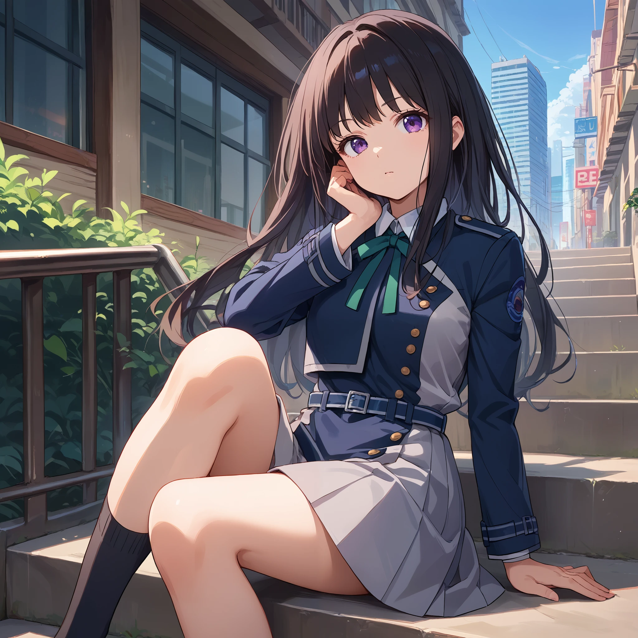 score_9, score_8_up, score_7_up, score_6_up, score_5_up, score_4_up, BREAK source_anime, look at viewer, rating_safe, 1girl, solo, outdoors, city, sitting, on stairs, masterpiece, best quality, high detailed skin,  inoue takina, takina def, long hair, black hair, purple eyes, lycoris uniform, long sleeves, green neck ribbon, blue belt, black socks,