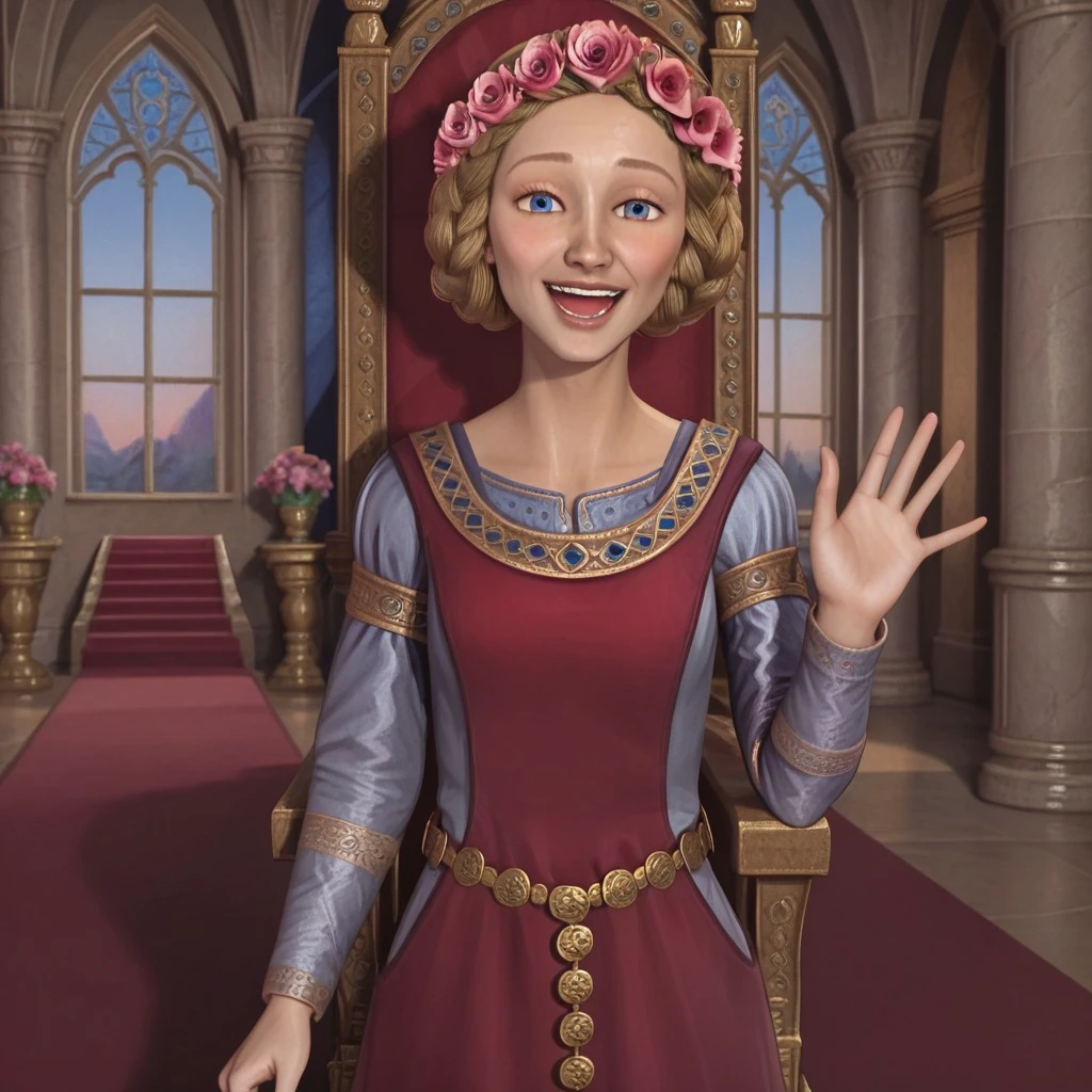 eleanor waving, blue eyes, solo, 1girl, throne room, castle interior, stone castle, eleanor england, hair updo, dress england, flowers england, waving, eyes open, happy