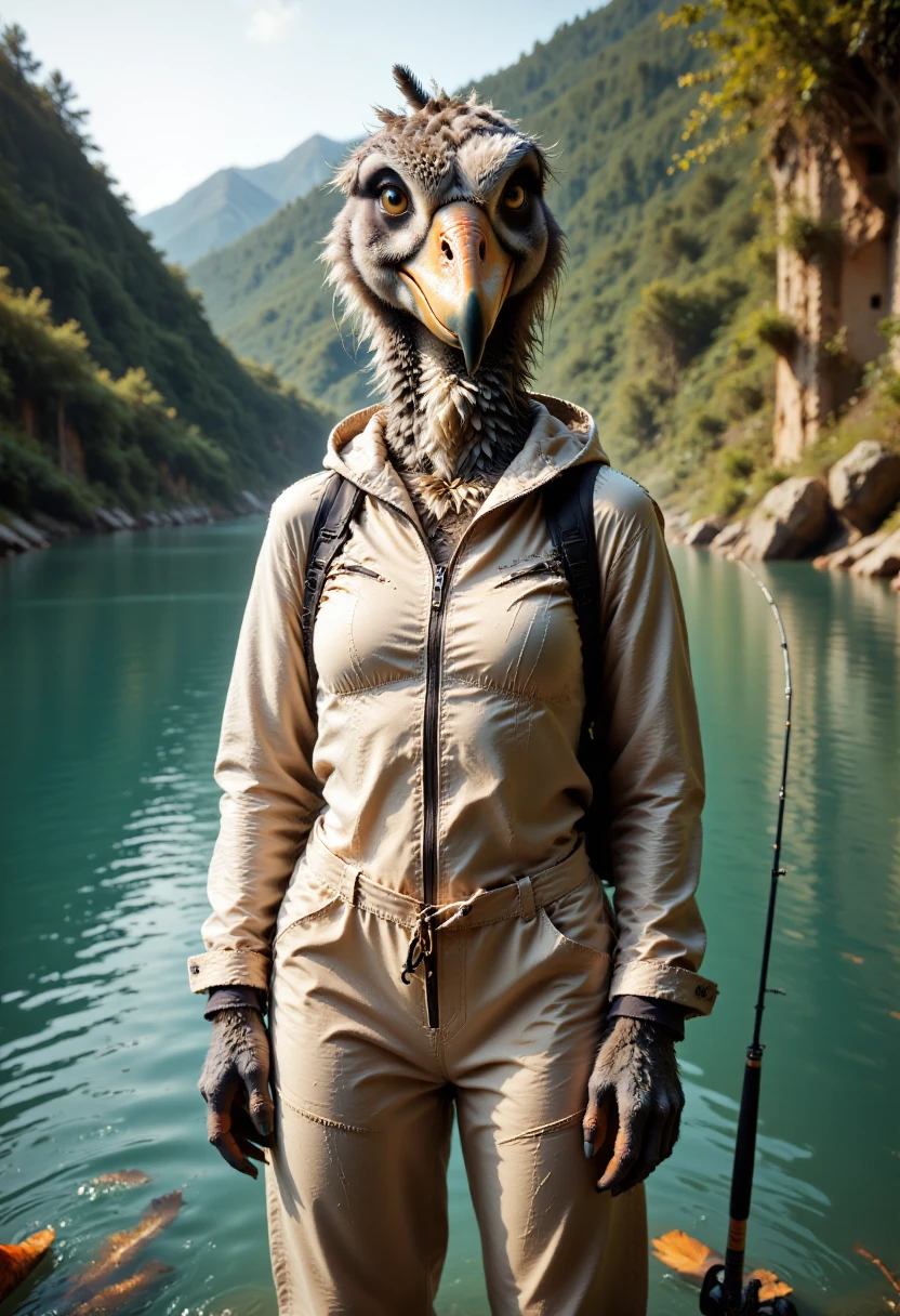 The image is a highly detailed, photorealistic CGI rendering of a character standing on the bank of a serene, teal-colored river. The subject is an anthropomorphic bird, specifically a stork or heron, dressed in a fishing outfit. The bird's head is intricately detailed, with intricate feathers, a large, curved beak, and piercing yellow eyes. Its feathers are a mix of gray, white, and brown, with a texture that appears soft and fluffy near the face, transitioning to a more rigid, feathery texture on the head.
The bird is dressed in a practical, functional fishing attire: a beige, waterproof jacket with a hood, and matching pants, both made of a material that looks like neoprene, which is wet and clings to the body.  <lora:KFT_Feathery_Enhancer_Flux_1.D:0.9>