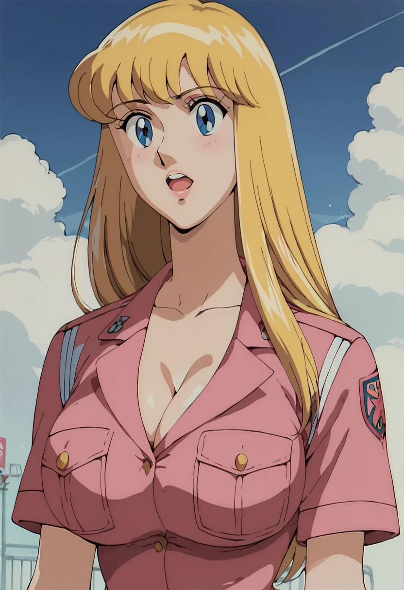 score_9, score_8_up, score_7_up, highres, masterpiece, 1woman, solo, long hair, sexy, r3iko, busty, breasts, anime coloring, medium breasts, policewoman, police uniform, large breasts, retro artstyle, deep cleavage