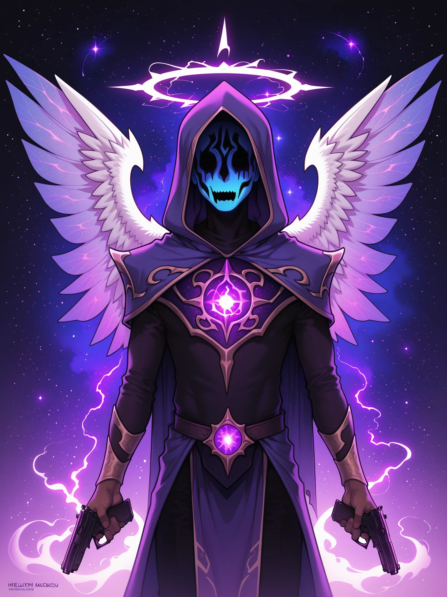 score_9, score_8_up, score_7_up, score_6_up, score_5_up, score_4_up, (derpibooru_p_95), source_cartoon, solo, (art by melkor mancin), cowboy shot, (faceless, eyeless, void mage, x-mark face paint:1.2), made from smoke, spirit, digital art, male, creature, cosmic, holding dual handguns, skinny, galaxy skin, halo, wings, galaxy background