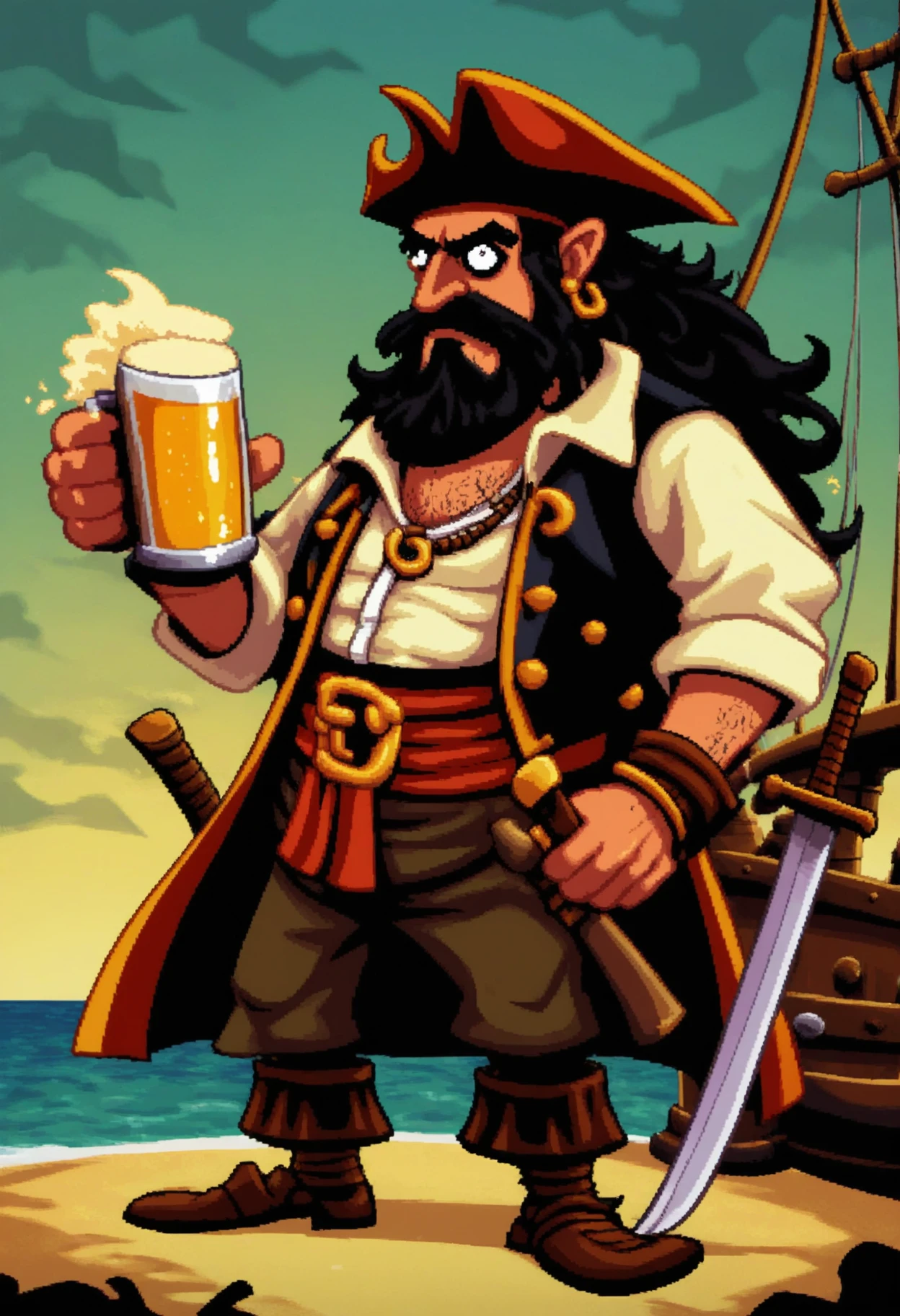 dottstyle, 1boy, solo, pirate captain, beard, evil, holding, sword, beer, ship