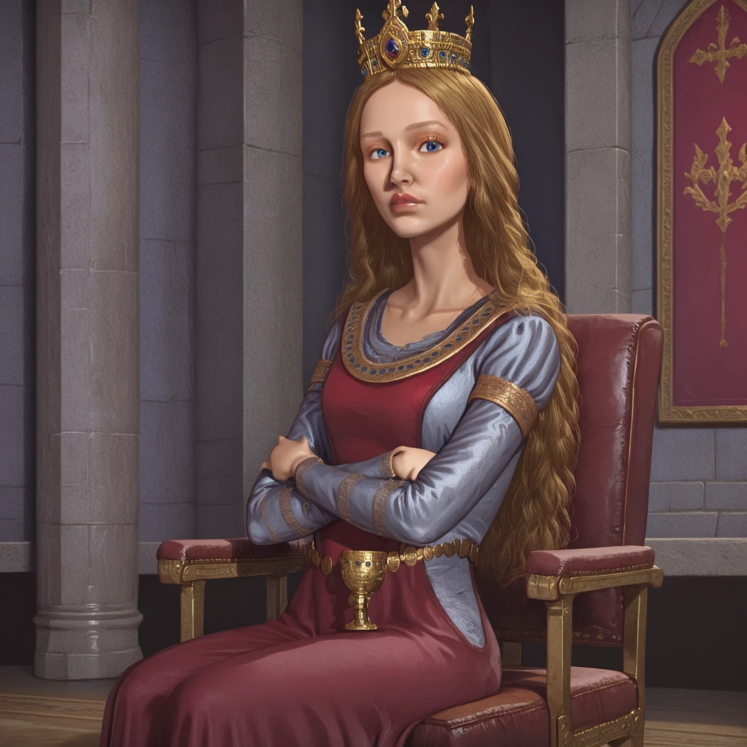 eleanor, solo, 1girl, throne room, castle interior, stone castle, eleanor france, long hair, dress france, crown france, arms crossed, Basic Instinct Pose, B4sic1nstinctP0se, basic_instinct_(movie), 1woman, sitting, on_chair, looking at viewer, facing viewer,