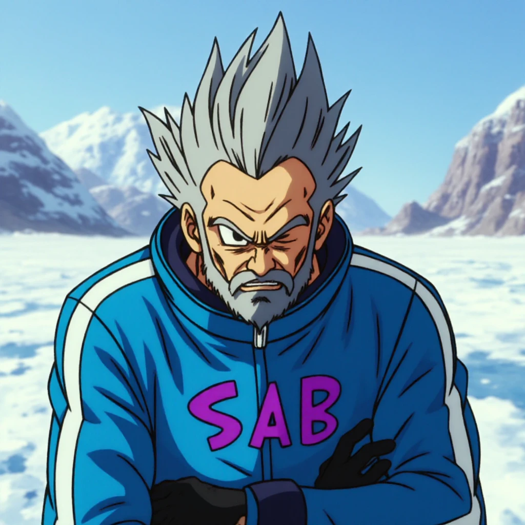 DBS-broly style, older man, with grey hair bearded man with a stern expression, he has one eye closed. small black pupil, His hair is spiky and stands upright. It's gray, indicating age, and is wild with sharp, jagged spikes. He is wearing a bright blue jacket with white stripes running down the arms and stylized "SAB" emblem on his chest as a logo in purple.  Wearing black gloves. In the background icy terrain typical of the Arctic <lora:DBS_Broly_Movie_Lora:0.87>