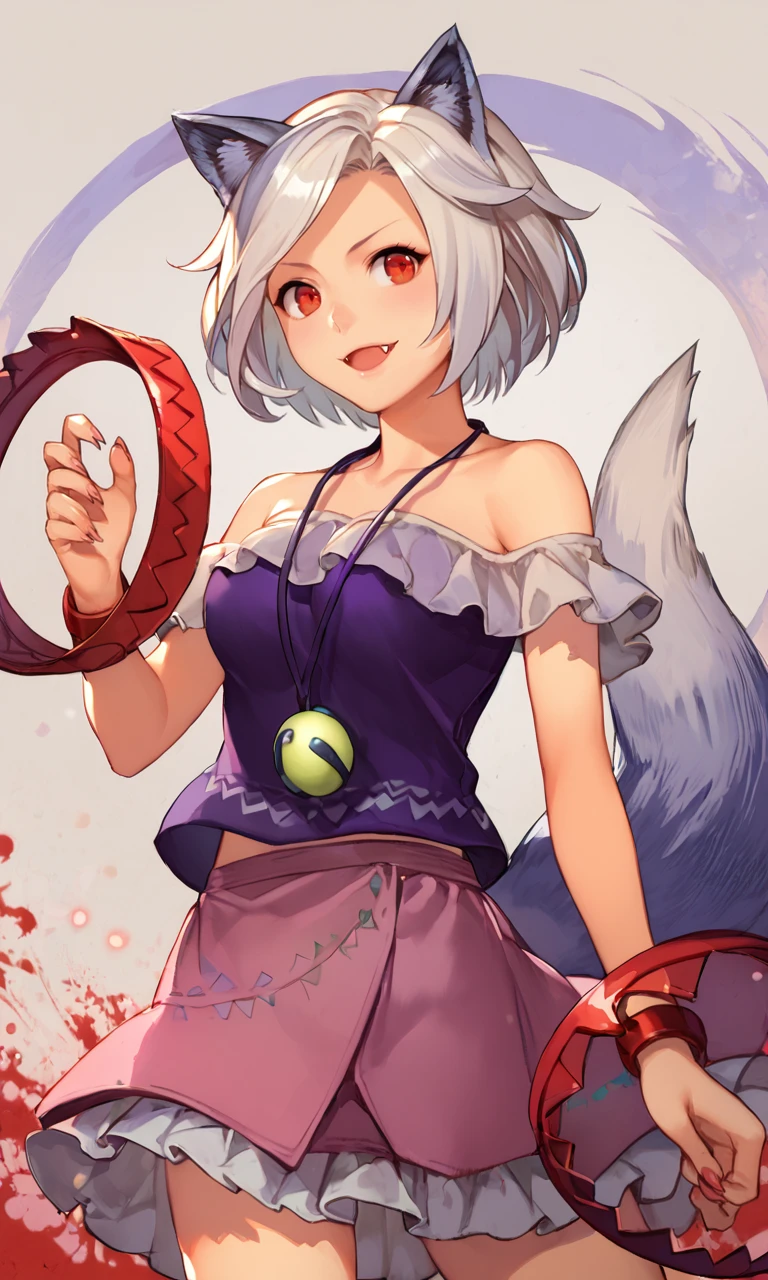 score_9, score_8_up, score_8, score_9, 1 girl, enoko_mitsugashira, short hair, cowboy shot, detailed_background,  source_anime, wolf ears, wolf tail, white hair, tail, bear trap, frilled shirt, purple shirt, pink skirt, red eyes <lora:enoko_mitsugashira_pony-10:1>, bear_trap, pendant, fang, claws,  <lora:HungryClicker-v1-PDXL:0.8>