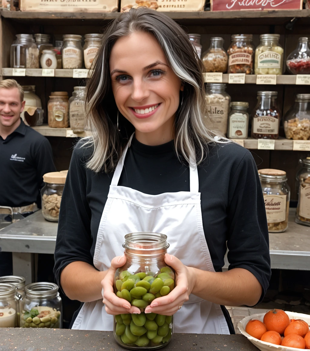 <lora:d0mpc_01PN-000007:1.1>, a (medium close up) photograph of (beautiful 24 year old) (d0mpc woman:1.1) as a merchant,wearing a (pearl gray) (shopkeepers apron:1.2) over (black shirt:1.1),holding a (large jar of pickles:1.4),standing in front of a (produce stand:1.1),at a busy street market on cobblestone street crowded with shoppers,long dark hair,(smirk:0.8),lips,(face focus),score_9,score_8_up,source_photo,rich details,clear shadows and highlights,realistic,intense,enhanced contrast,highly detailed,front view,face_focus,looking_at_viewer,portrait