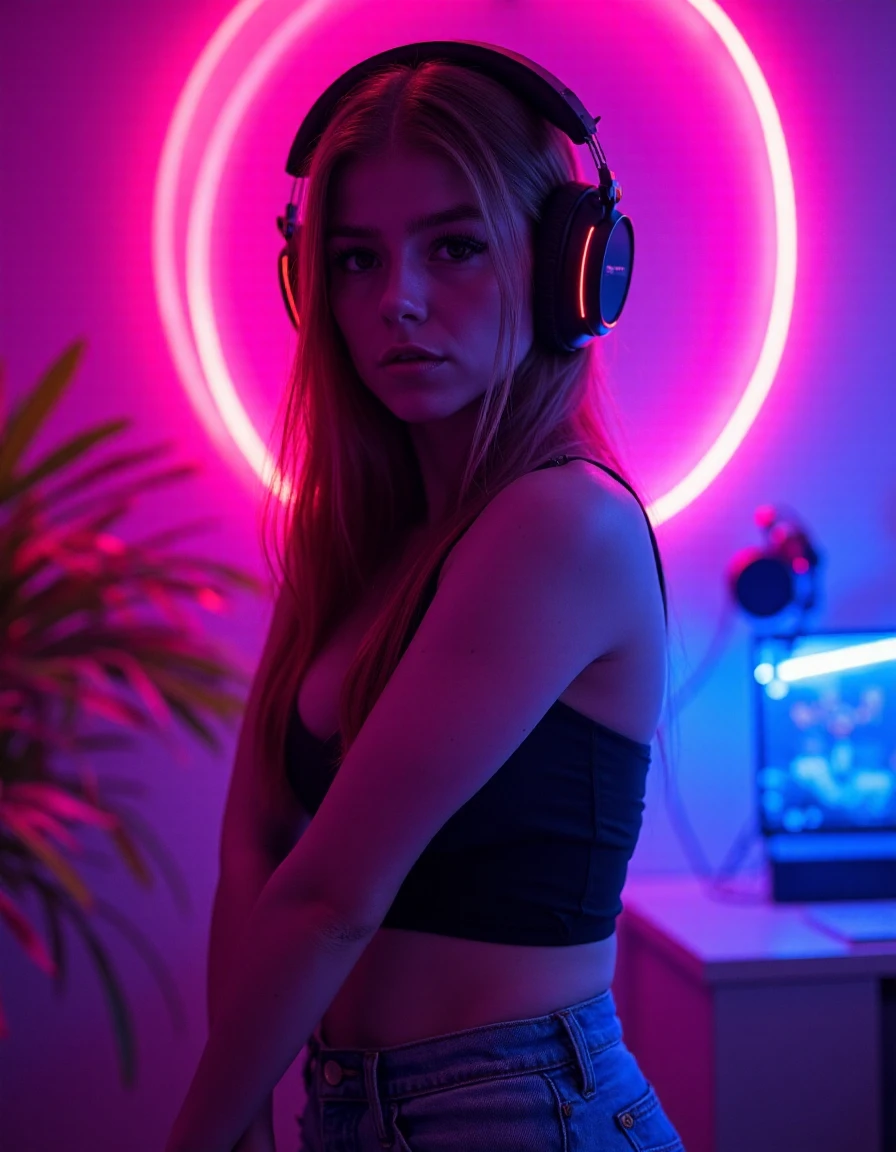 <lora:CocotteeEgirl-000001:1.1> full body view, a highres photograph of beautiful caniadian streamer girl, neon light, headphones,egirl, shy smile