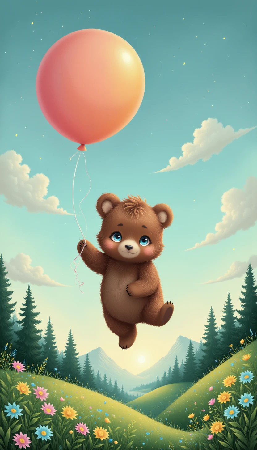 p1nkf4nt4systyl3,a cute bear flying with a balloon in her hand, landscape in the background