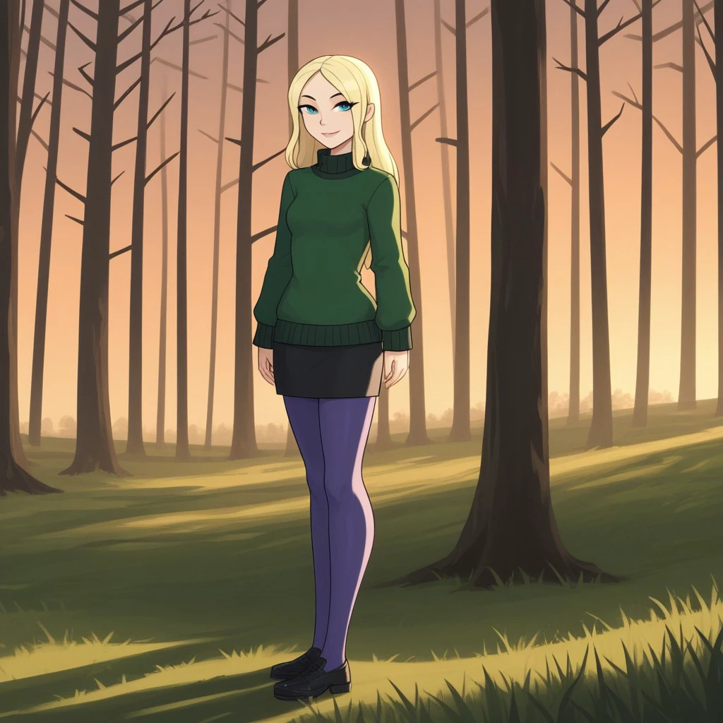 score_9, score_8, BREAK, solo, total drama, 1girl, blonde hair, white skin, dark turquoise eyes, small eyebags, black eyebrows, pointy nose, purple lips, lipstick, dark green sweater, cyan under clothing, black skirt, dark purple pantyhose, black shoes, Dawn_(\Total_Drama\), tdroti, cute, sexy pose, smile, outdoors, sunlight, shadows, evening lighting, natural lighting, forest, trees, grass, orange sky, sunset