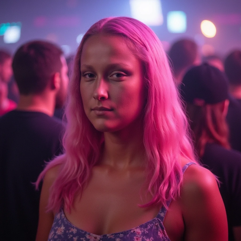 a photo of MNALSA woman with pink hair at a rave