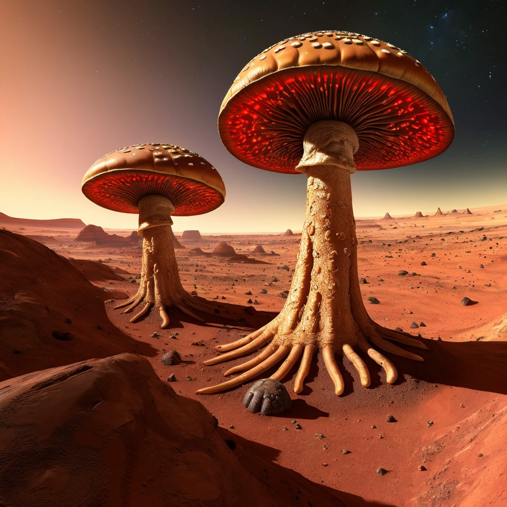 masterpiece, intricate photo, giant mushrooms on the mars, photo realistic, hyper realistic, highly detailed, sharp focus, high resolution, best quality, colorful, friendly colors, cozy outdoor lighting, 8K