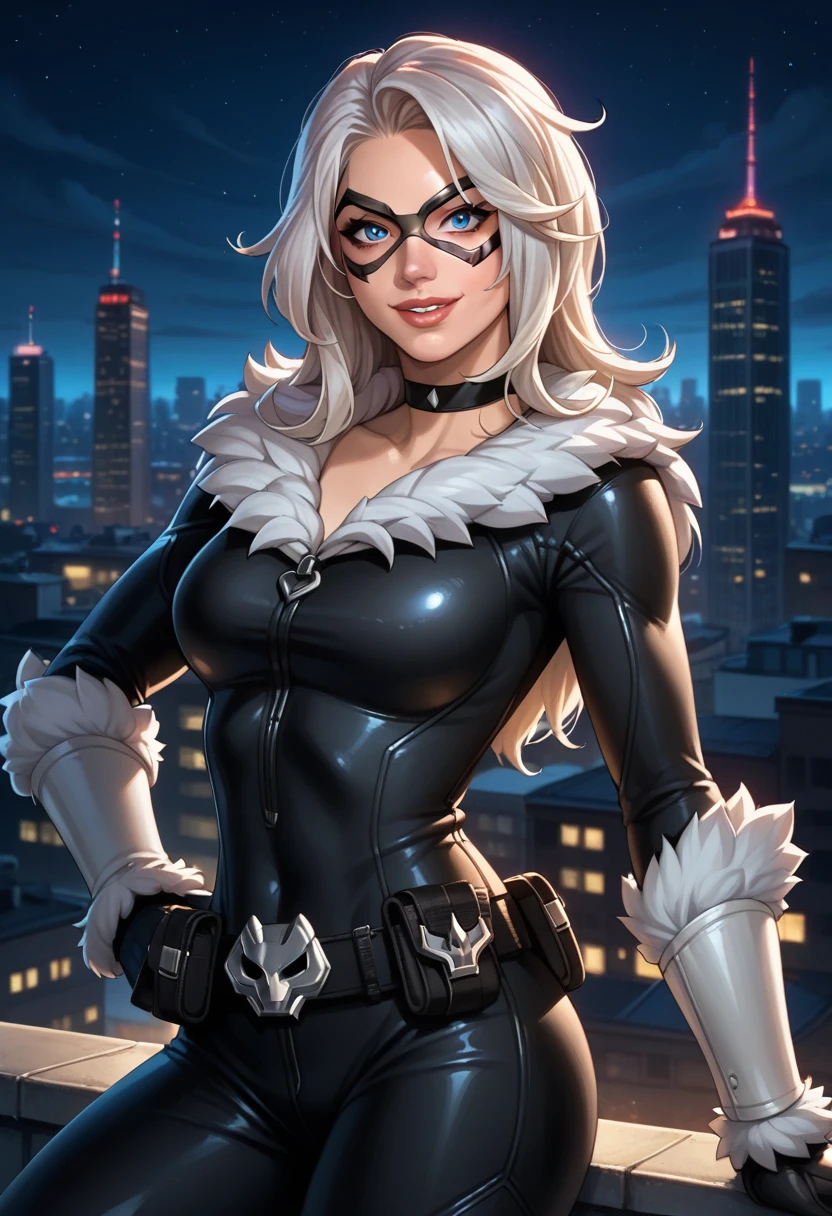 score_9, score_8_up, score_7_up,  source_anime,  BREAK solo, 1 girl, <lora:FNBlackCat-000008:1> ,  BlaCtFN, white hair, mask, blue eyes, choker, fur trim, black bodysuit, white vambraces, utility belt, belt buckle,  breasts, seductive smile, looking at viewer, , 1 girl, solo, cityscape, rooftop, night,  parted lips, black gloves,  hand on own hip, looking at viewer