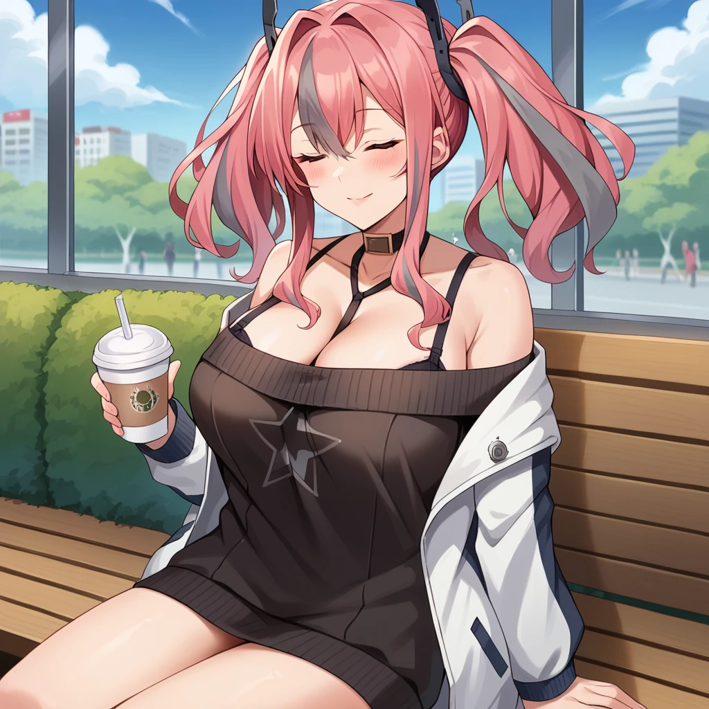 score_9_up, score_8_up, score_7_up, source_anime, masterpiece, best quality, 1girl, solo, BremertonAzur, Brem02, Brm_DFD, cityscape, street, bushes, cafe interior,  sitting on bench, holding coffee cup, drinking straw, drinking coffee, closed eyes, satisfied smile, slight blush, bremerton (azur lane), pink hair, twintails, grey hair, sweater dress, off-shoulder sweater, black ribbon, open jacket, alt jacket, white jacket, black sweater, star print, black choker, open clothes, hair ornament, bare shoulders, black bra strap, strap between breasts, long sleeves, mature body, dynamic cowboy shot, outdoors, cafe background