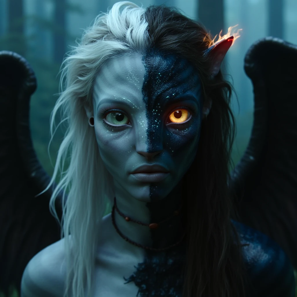 Misty Valley a close-up of a mysterious woman one half of her body and face is beautiful angelic appearance blue eyes white hair the other half of her body and face is demonic coal-black skin red eye and hair are burning with fire demonic horn on her back are wings corresponding to each part of the body. Dark atmosphere cinematic masterpiece clear focus. , <lora:Neytiri_avatar_2009_FLUX_v1-000037:0.9>