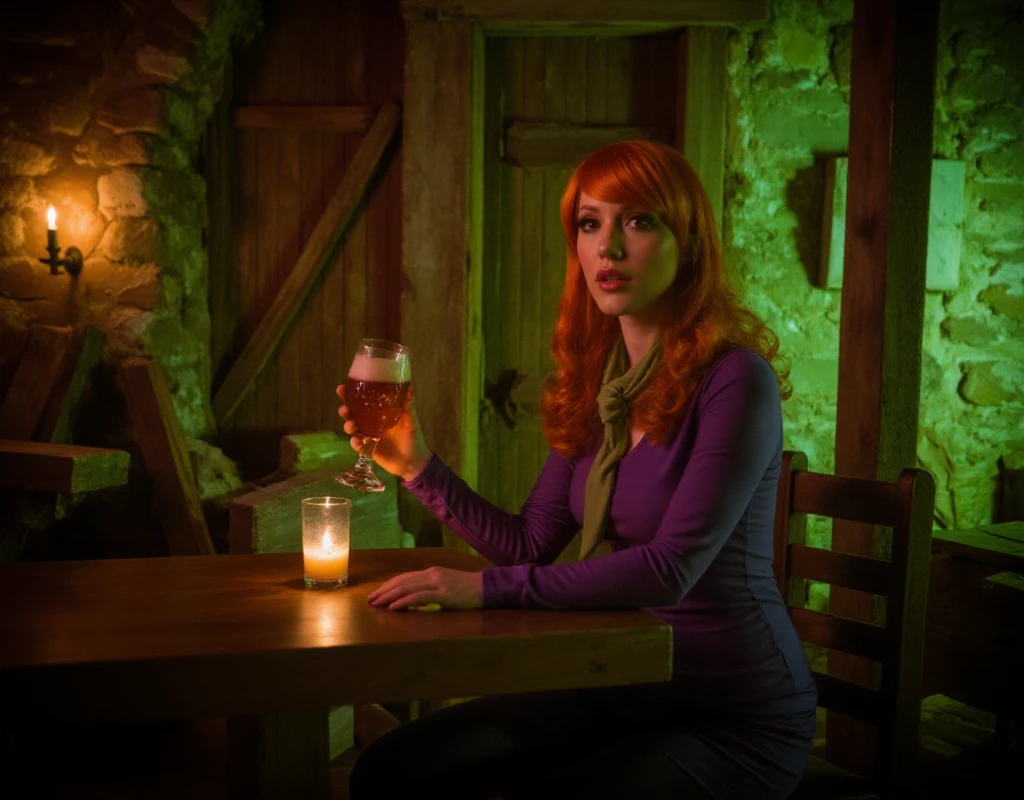 Daphne Blake is having a beer in a dark creepy pub. Candles lights, spider webs, monsters <lora:Daphne_Blake:0.9>