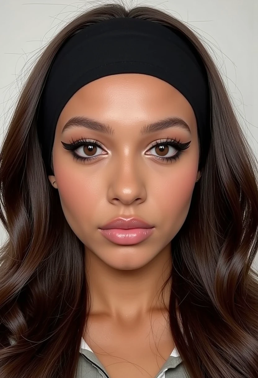 This photograph features a young woman with a medium to dark skin tone, likely of mixed ethnicity. She has long, wavy, dark brown hair cascading down her shoulders, styled with a sleek, black headband that accentuates her face. Her facial features are sharp and well-defined, with a prominent nose, full lips, and high cheekbones. Her eyes are almond-shaped, accentuated by bold, winged eyeliner and voluminous lashes, giving a dramatic look.