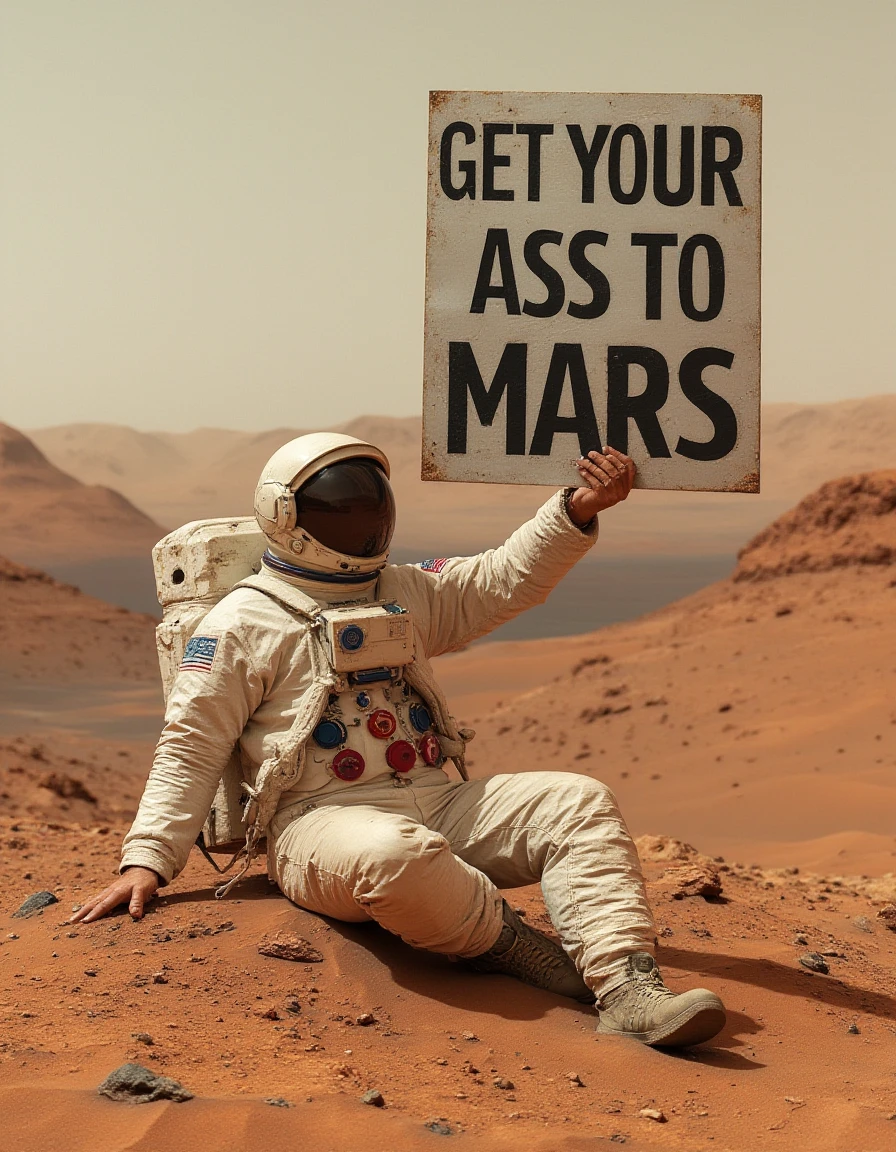 <lora:Mars_Surface_Real_Mars_Pictures__Curiosity_Marsrover:1> Astronaut Buzz Aldrin, with his white astronaut suit and helmet off, sits on the dusty red surface of Mars. He holds up a large aluminum shield emblazoned with bold letters: 'Get your ass to Mars.' The stark mars surface landscape stretches out before him, capturing the iconic moment of inspiration for future space exploration."