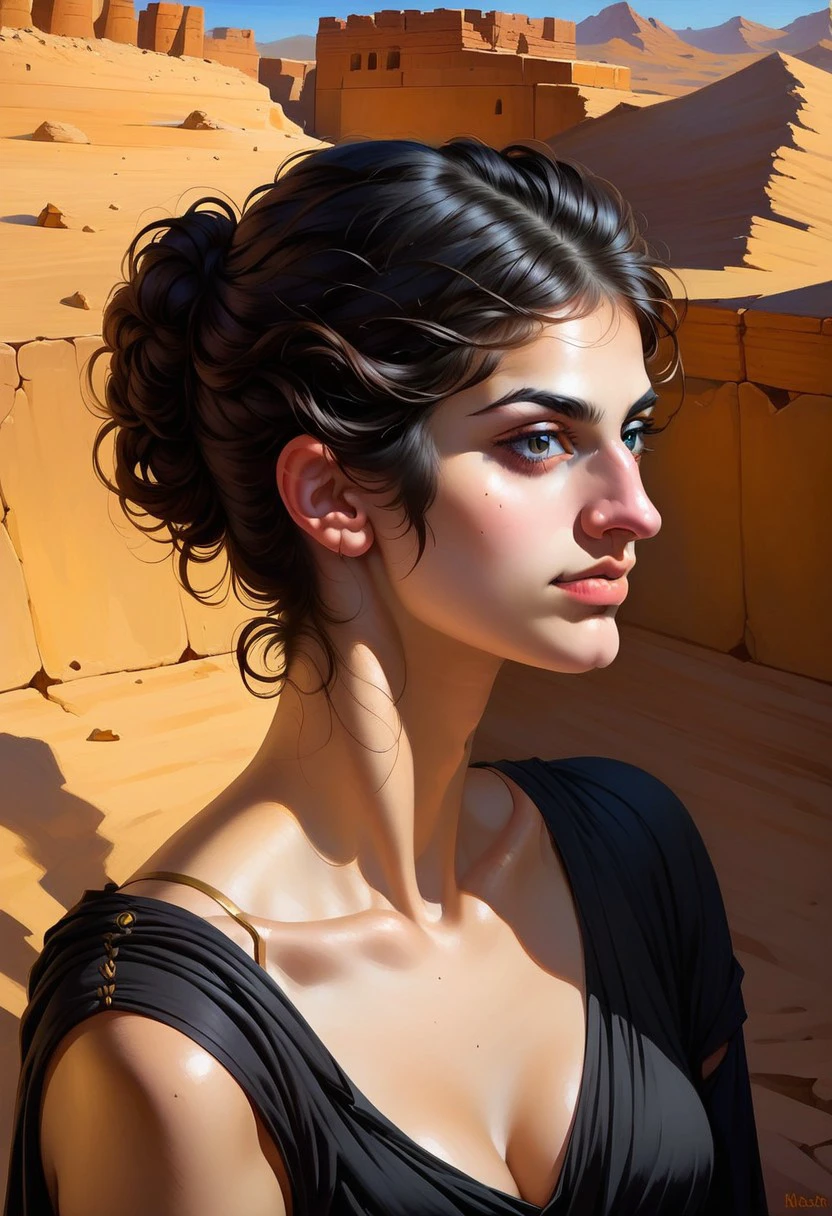 score_9, score_8_up, score_7_up, nsfw, uncensored, highly detailed, masterpiece, rating_x, (((full body portrait))), sexy, painterly, BREAK,
1girl, (habiba), (greek_nose),(medium breasts), petite, tiny waist, wide hips, big ass, light-skinned woman, black hair,, portrait, by the sea, desert, black robes,