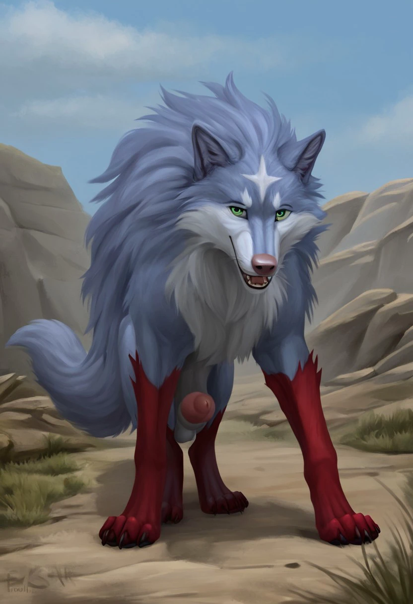 Fel(CHARACTER), Fenrir(CHARACTER), wolf, maned wolf, blue fur, blue body, wolf ears, tail, fluffy tail, red glove like pattern, red sock like pattern, light blue underbelly, green eyes, 2 eyes, feral, no humans, furry, (Male feral Wolf:1.5)
Solo, alone, by himself, 1boy, male.
naked, nude. nipples, penis, erect, balls, ballsack, testicles, erection, big penis, (athletic body), (blue body:1.1),
HD, digital painting, digital art, masterpiece.
Headshot, head focus, close to face, closeup, bustshot.
Happy emotion, happy. 
Outside, battlefield, ww1. (outside:1.1) 
HD, digital painting, digital art, masterpiece ((full body)), digital drawing (artwork), digital media (artwork), hi res.  negative_hand. Dsw7[STLYE], realistic style, realistic cartoon like, furry, feral,