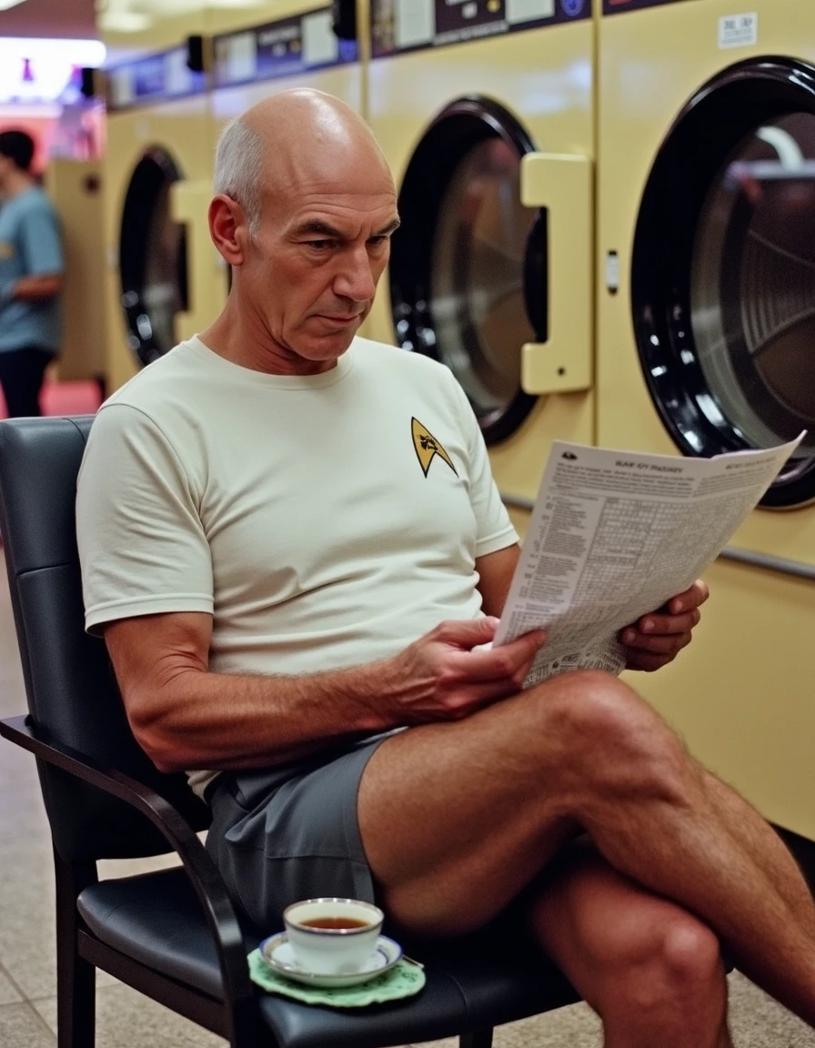 PicardLucJoHn69 <lora:picardlucjohn69:1>Captain Picard sitting in a crowded laundromat, deeply engrossed holding a crossword puzzle, while his laundry spins in the background. ((Wearing white t-shirt and shorts)).  A cup of Earl Grey tea is balanced precariously on his knee <lora:facial expression style v1:0.65>