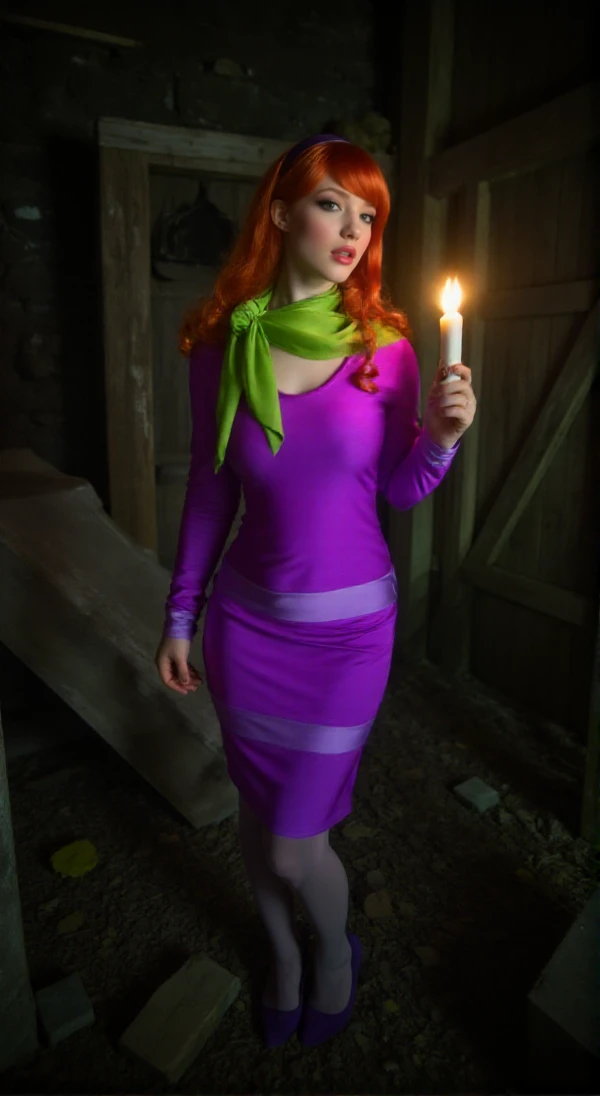 full body Daphne Blake,wears headband and purple dress and green scarf, is holding a lit up candle in the dark. She is in a very dark creepy forest <lora:Daphne_Blake:0.9>