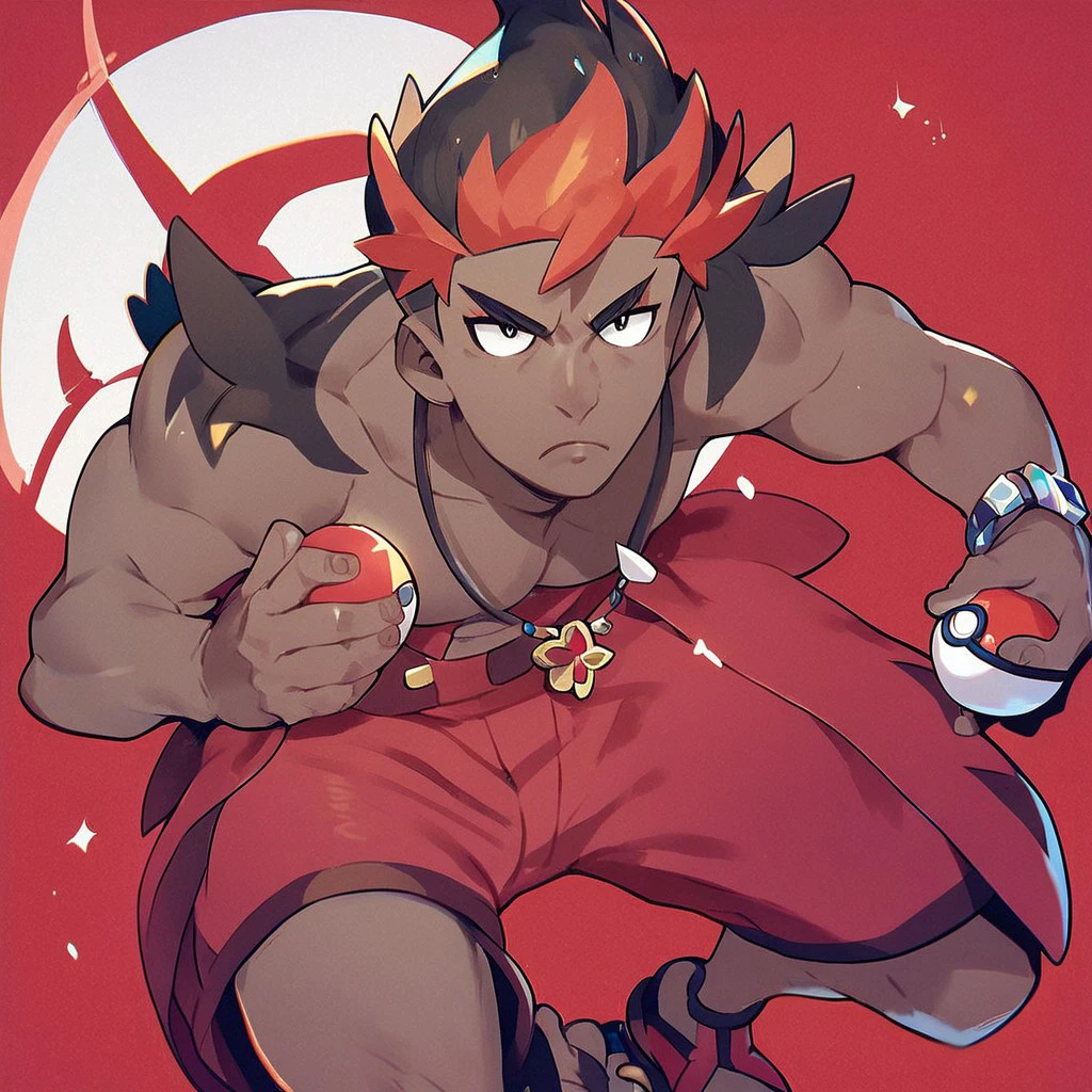 (masterpiece), score_9, score_8_up, score_7_up, score_6_up, score_5_up, score_4_up, 1boy, solo, Kiawe, multicolored hair, black eyes, dark skin, necklace, shoulder tattoos, red shorts, sandals, holding pokeball, serious expression, red background