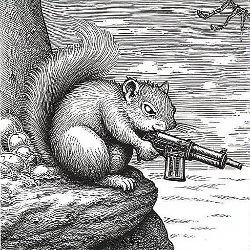 black and white garychalkdrawing of a squirrel with a machine gun, dark composition