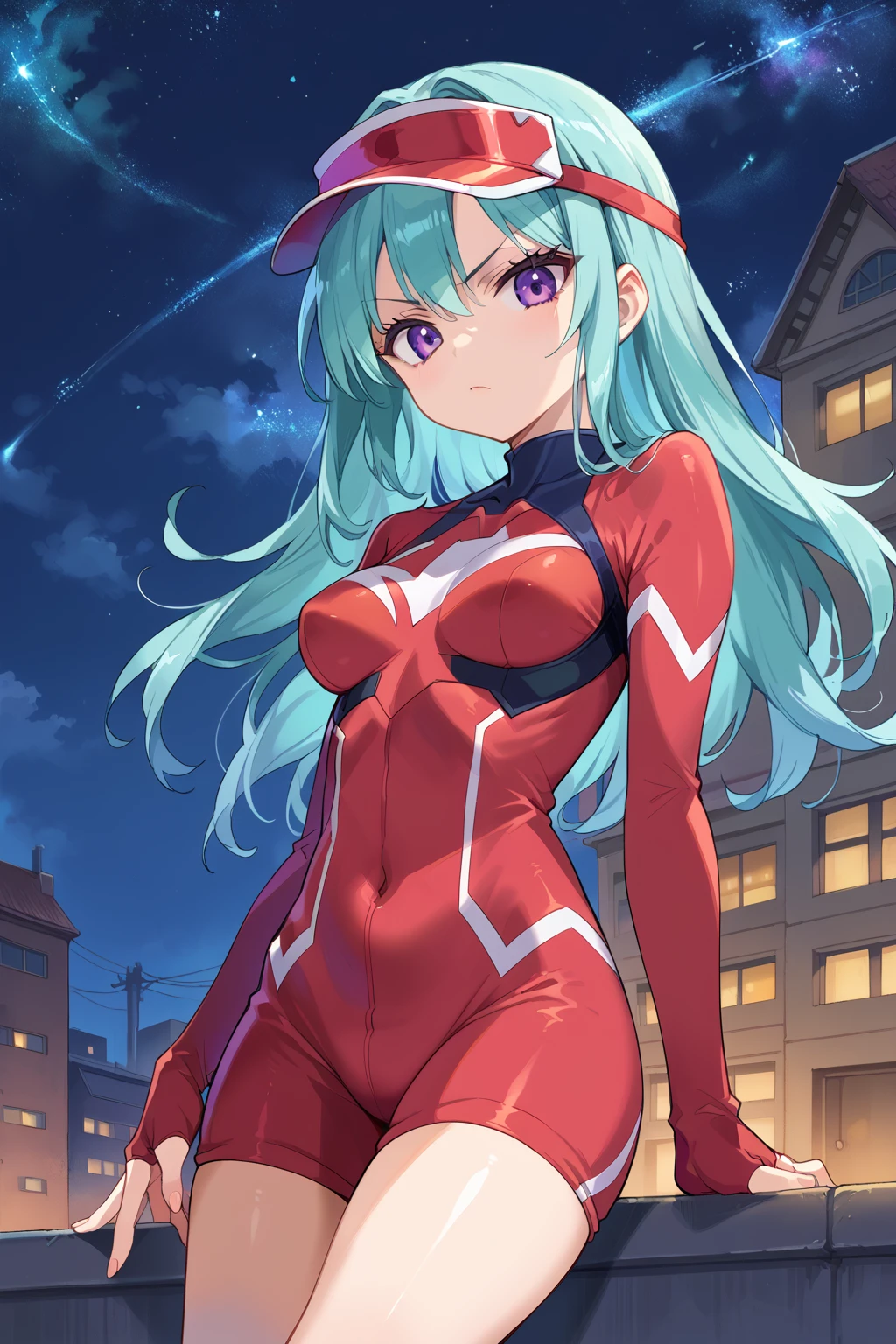 score_9, score_8_up, score_7_up, source_anime, BREAK, <lora:Short JumpsuitPony:0.6>, (short jumpsuit), superhero, visor cap, night, starry sky, glare, looking at viewer, purple eyes, long hair, aqua hair, rooftop