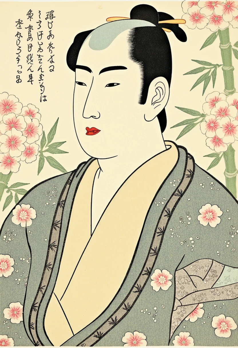 a detailed portrait of a Japanese man in the style of traditional Shunga art. The man has sharp facial features, almond-shaped eyes, and a calm, serene expression. His traditional kimono is richly patterned with floral designs and flowing silk textures. The background features delicate cherry blossoms and bamboo, evoking a peaceful atmosphere. The color palette includes soft pastel tones, characteristic of Shunga artwork, with intricate line work and smooth shading to reflect traditional Japanese aesthetics.