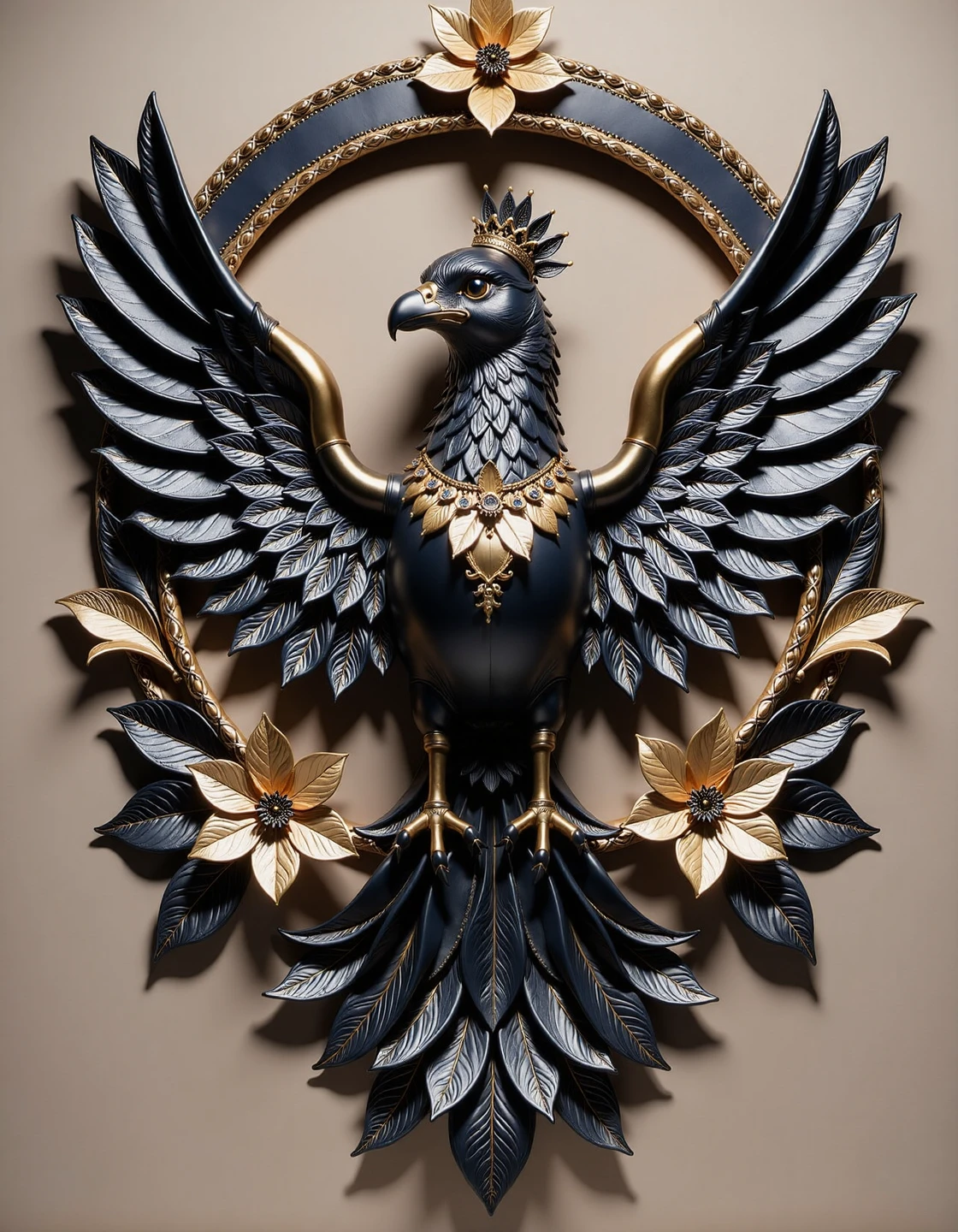 made out of leather, small centered composition, product shot, plain background, wallpaper art, in the center is an image of a "The Bird of Excellence", <lora:flux-leatherstyle:1>, highly decorated, glossy, epic composition, fertile, cinematic, very inspirational, beautiful detailed supreme quality color intricate