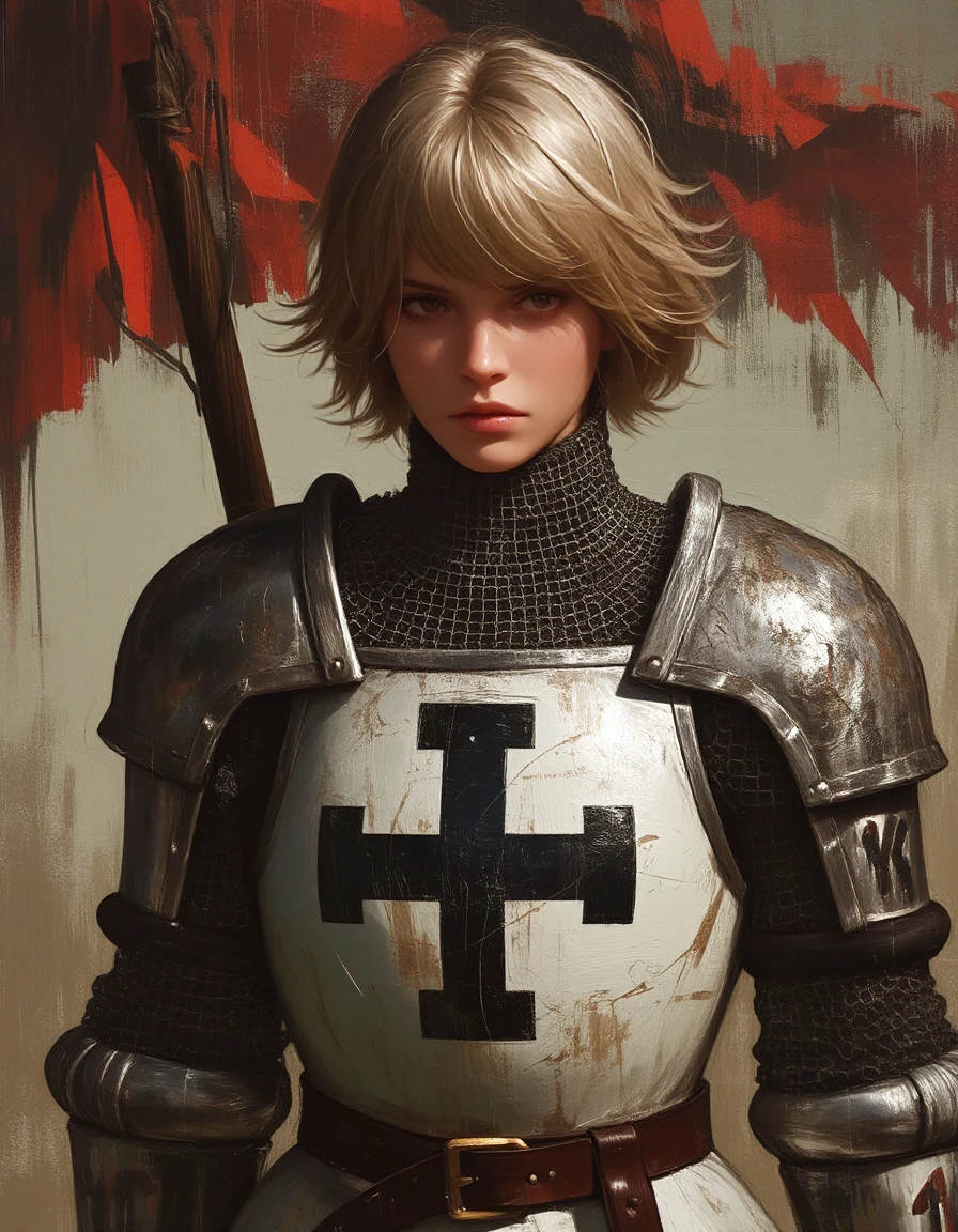 oil painting style, female knight in armor with short blonde hair with bangs, period accurate crusader armor, chainmail, white armor with a black cross, carrying flag, stoic, brave, concept art style, painterly, paint strokes, visible brush strokes, <lora:flux-D-3DNiji:1>, niji