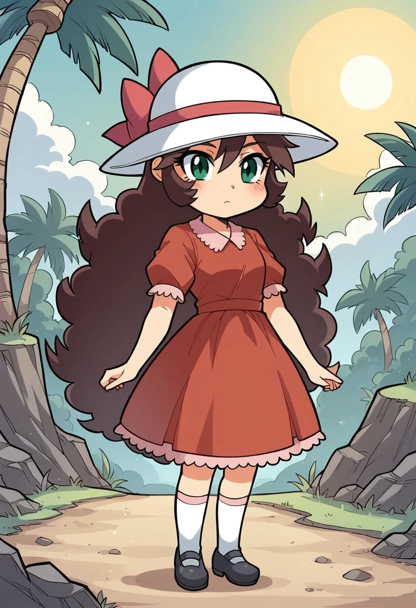 masterpiece, best quality, uncensored, source_anime BREAK score_9, score_8_up, score_7_up, score_6_up, score_5_up, score_4_up, 1girl, solo, smolmariewright, aged down, green eyes, brown hair, very long hair, curly hair, chibi, Expressiveh, sun hat, red dress, short sleeves, socks, shoes, black footwear, outdoors, island, palm tree <lora:Expressive_H:0.6> <lora:add-detail-xl:0.5> <lora:mariewright:0.8>
