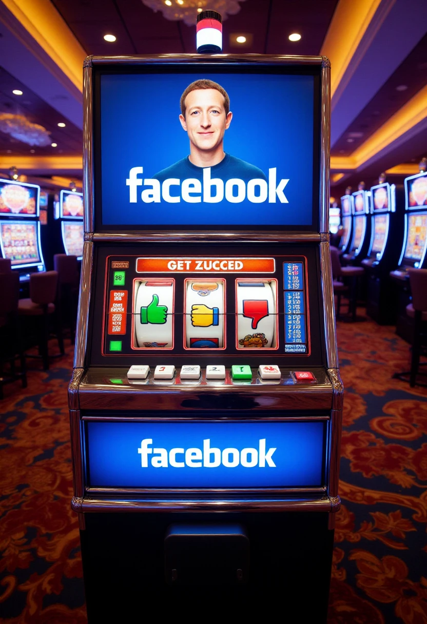 The image is a detailed photographs inside a casino, depicting a Facebook-themed slot machine. The slot machine is designed to resemble a classic fruit machine but with a modern twist. It's predominantly blue, with the Facebook logo prominently displayed at the top, featuring the iconic thumbs-up symbol. The machine has three spinning reels, each containing symbols: Mark Zuckerberg's face, a thumbs-up, and a thumbs-down. The thumbs-up symbol is highlighted in green, while the thumbs-down is red. 
The machine's control panel features a bright orange display with the text "GET ZUCCED" and "420" in green, indicating a jackpot. Below this, the word "facebook" is written in blue, matching the company's branding.
<lora:Slot_Machine_Starter_FLUX:0.7>