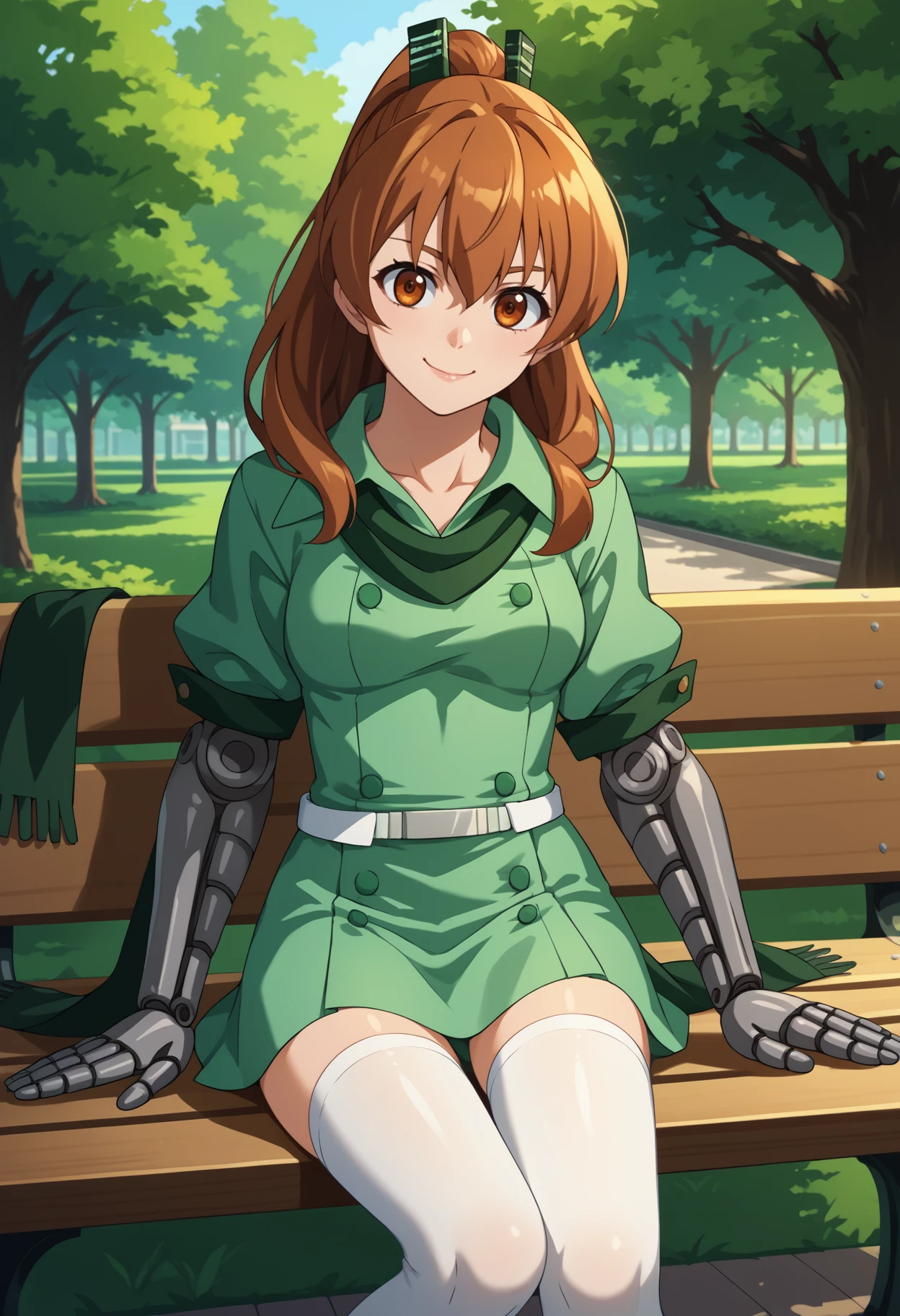 score_9, score_8_up, score_7_up, source_anime, <break> solo, 1girl, agkseryu, mechanical arms, smile, looking at you, sitting, park bench, long hair, brown hair, ponytail, brown eyes, green dress, short dress, buttons, double-breasted, belt, white thighhighs, green scarf, outdoors
<segment:yolo-face_yolov8m.pt,0.4,0.5//cid=1>