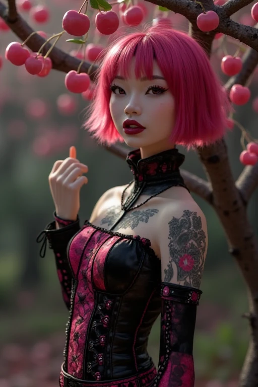 title text above that says: "Cherry Picking!" a poster featuring a high quality 4k detailed photograph of a woman with punkish red hair reaching up high to a cherry tree to grab some cherries while wearing pink accent gothic fashion by AmeshinTHERE with cherry blossoms on it