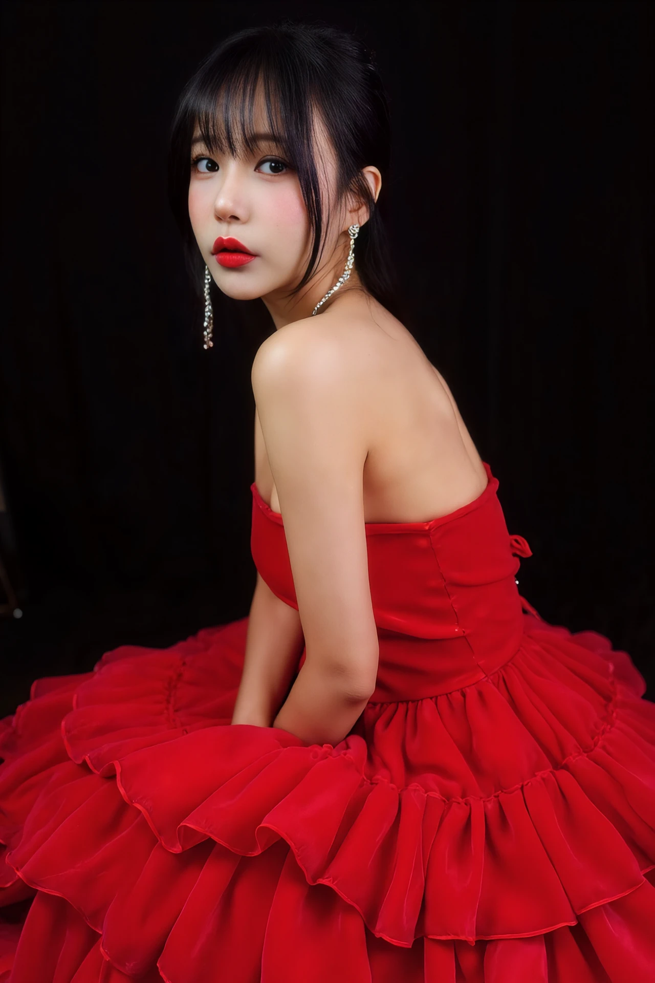 A captivating portrait of BJHaru, dressed in a luxurious red, ruffled gown, adorned with delicate, silver chain earrings. Her poised expression is highlighted by bold red lipstick and soft, glowing skin, against a deep black background. Her dark hair is styled back, drawing attention to her striking features and the elegant flow of her gown. The overall mood is one of sophistication and grace, exuding confidence and beauty.