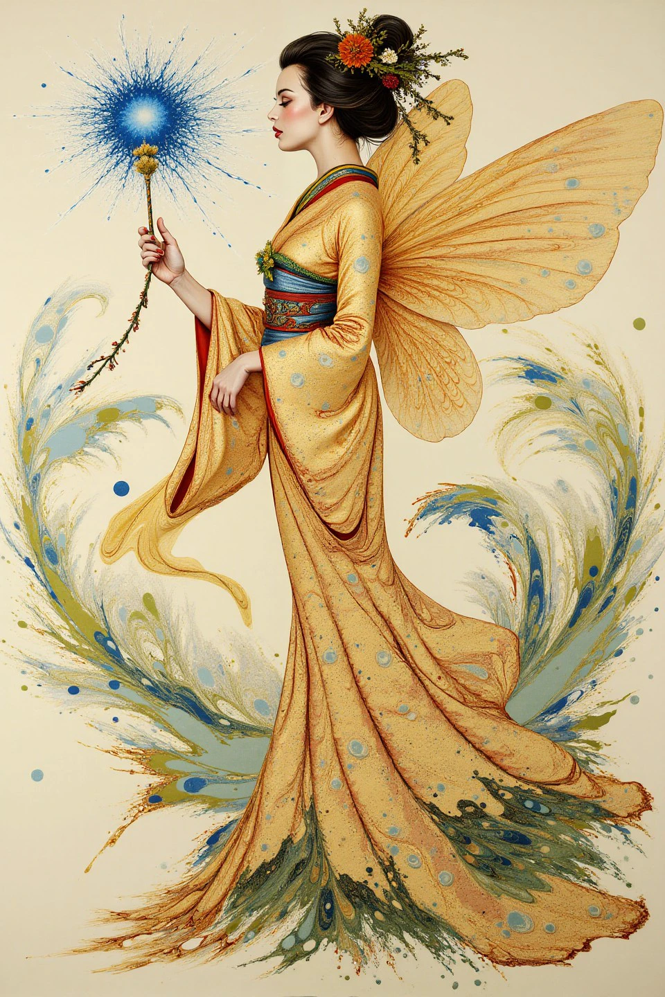 A sumptuous illustration depicting Japanese fairy holding a magic wand, blue sparks. The overall feel of the image is painterly. Additionally the image incorporates elements of mixed media such as flowing lines drawn with fine pens and appliqued bronzeleaf. The general effect is of timeless fine art elegance.. <lora:Paper_Marbling_Flux:1>