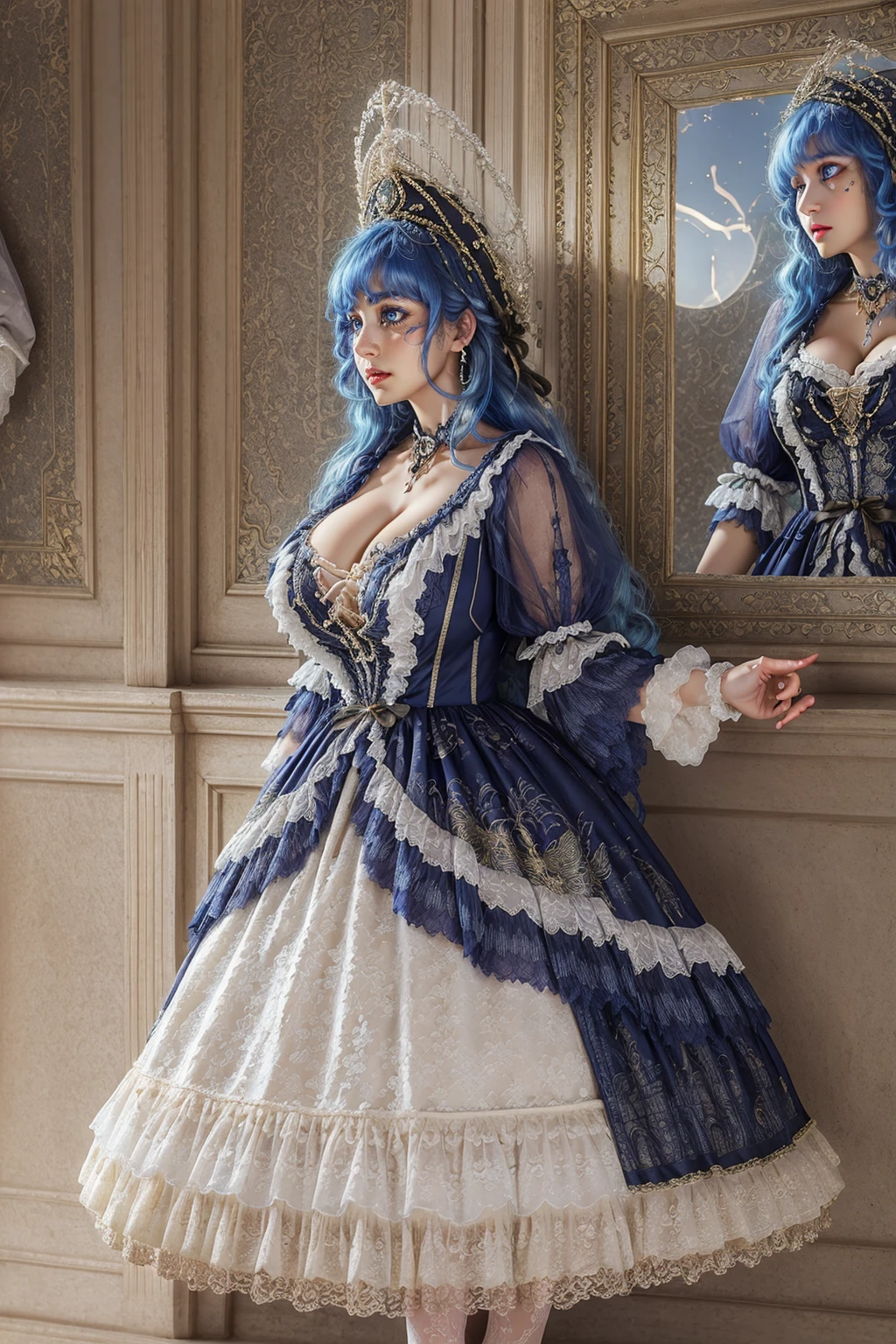 (masterpiece, best quality:1.2),illustration,8k,hd,1girl,solo,yoshino,(blue eyes:1.2),blue hair,long hair,
hzx,blue dress,jewelry,frills,earrings,lace,black headwear,short sleeves,lace-trimmed sleeves,lace trim,puffy sleeves,(night:1.2),(glowing eyes:1.3),big breasts,bouncing breasts,(cleavage:1.2),