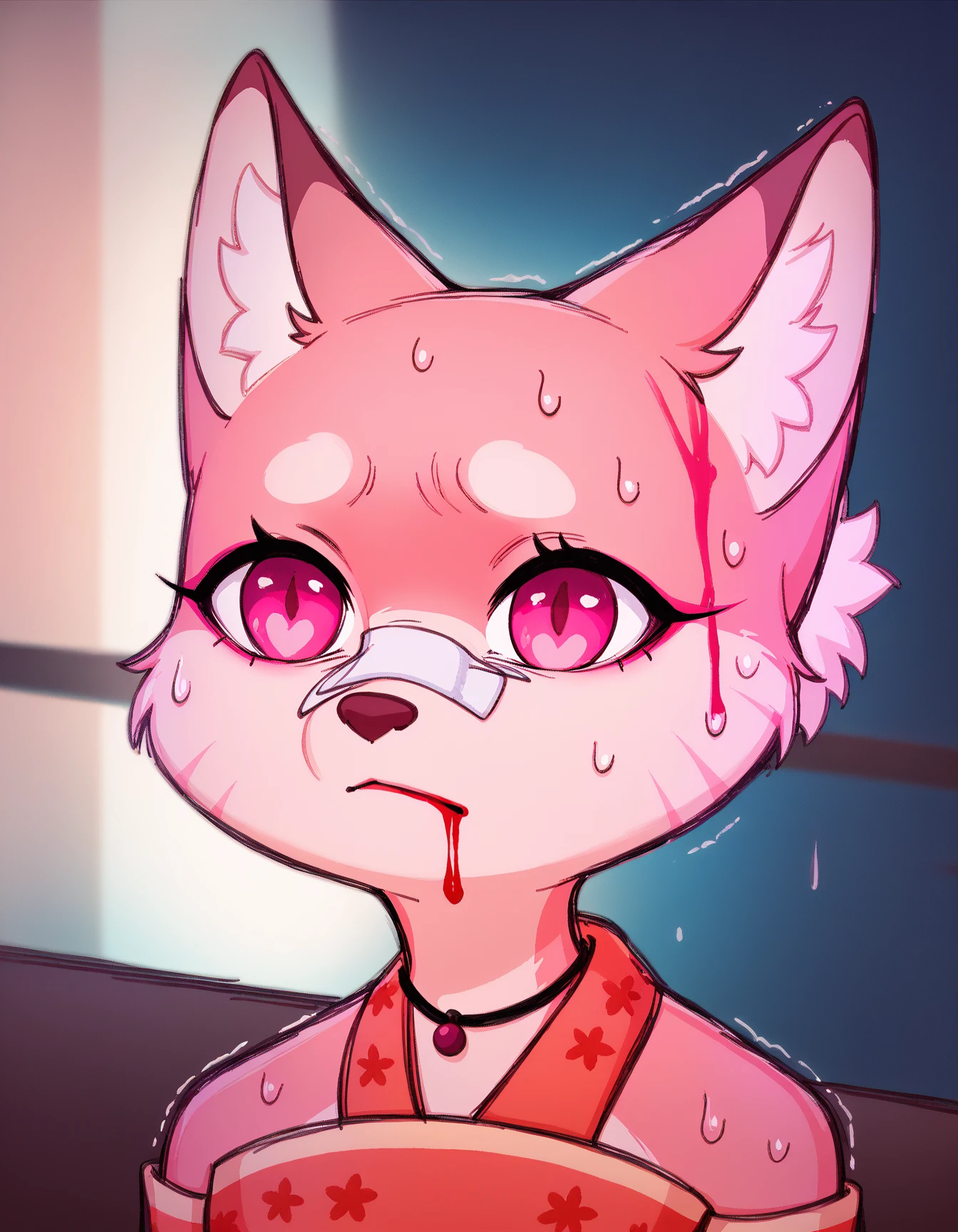 score_9, score_8_up, score_7_up, score_6_up, score_5_up, score_4_up,
Kitsune_Ai, solo, pink fur, white fur, two tone fur, fox, ping eyes, red kimono<lora:Kitsune_Ai_XL:0.9>  portrait, bandaid on nose, blurry background, pink lighting, night, dark, pink theme, blood on face, rain, closed mouth, sadness
 <lora:YouLookLonelyXL_byKonan:1>