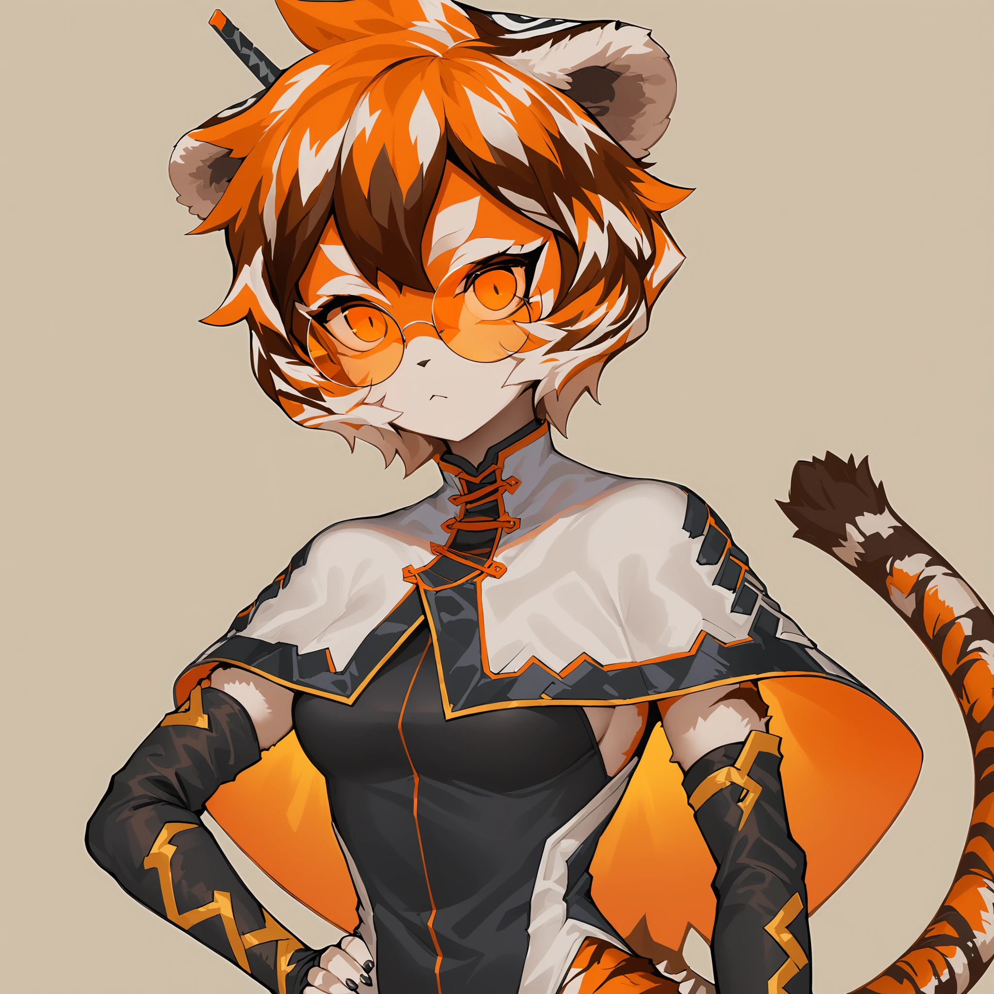 masterpiece, best quality, <lora:Waaifu_Seaart_1.0:0.8> waaifu \(arknights\), anthro, solo, female, tiger, clothing, waai dress, waai gloves, capelet, glasses, orange eyes, bust portrait, hand on hip, slit pupil