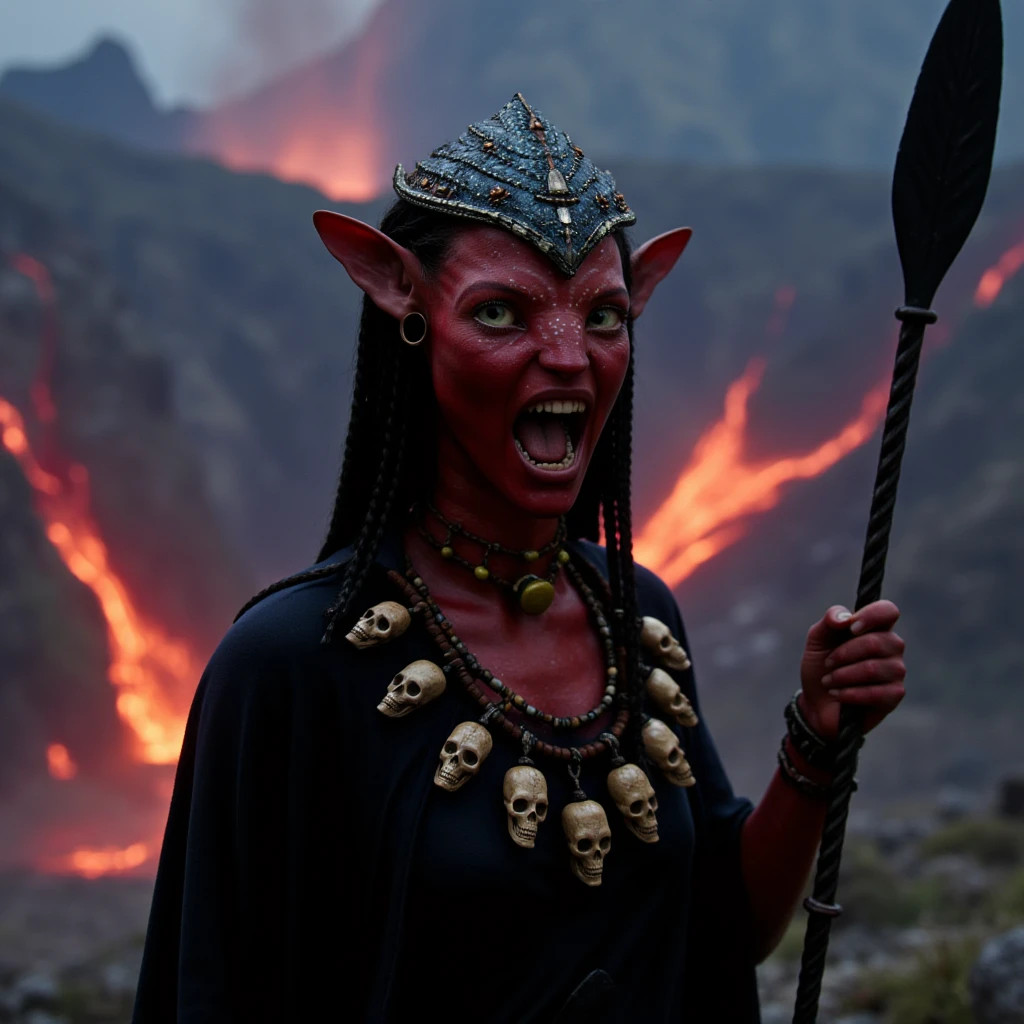 Photo of Neytiri growling at the viewer with red skin and electric blue eyes wearing a mayan priest helmet and a black poncho and a necklace with lagre human skulls attached to it in an ancient tribal way in her right hand she is holding a large obsidian black spear. In the background an active volcano is visible with flowing lava.  <lora:Neytiri_avatar_2009_FLUX_v1-000037:0.8>