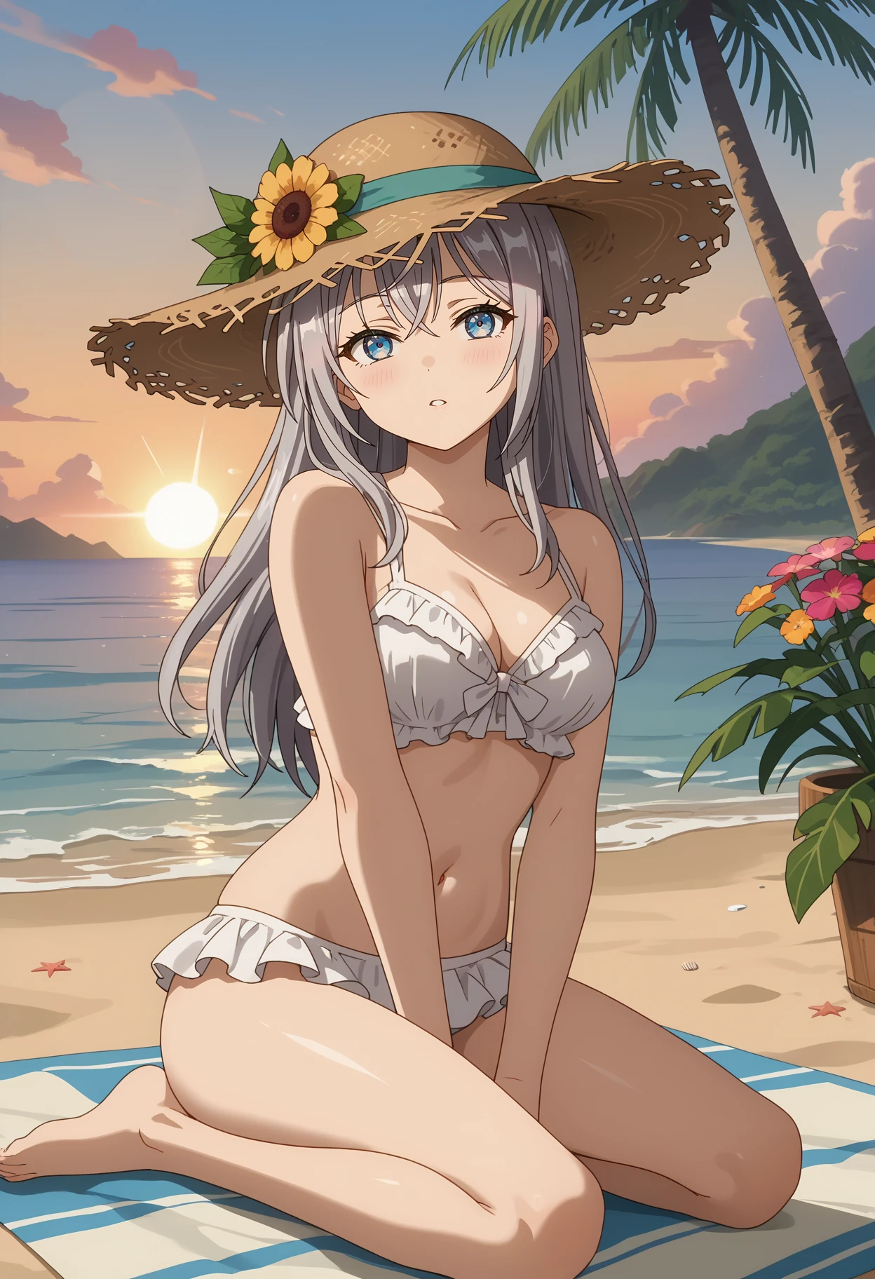 score_7_up, anime screencap, anime coloring,
<lora:Roshidere_KujouAlyaMikhailovnaXL:0.8>,
1girl, parted lips, light blush,
long hair, grey hair, crossed bangs, blue eyes,
v arms, head tilt,
straw hat, hat flower, frilled bikini, white bikini, medium breasts,
sitting, kneeling, looking at viewer, thigh gap,
sunset, horizon, beach, palm tree, lens flare, evening