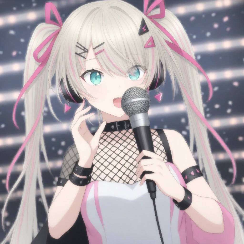 lia, arm strap, bare shoulders, triangle fishnets, hair ornament, jewelry, long hair, looking at viewer, streaked hair, pink bow, pink ribbon, ribbon, solo, black white and pink sportswear, bolt earrings, twintails, oval eyes, anime drawing, platinum blonde hair,
indoors, headset, microphone, singing, floating music note, 
 <lora:LIA-XLv2-t1-000004:0.6>