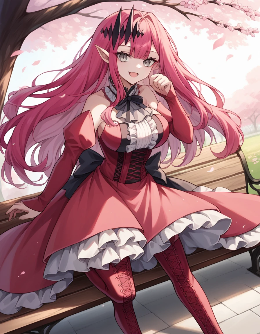 score_9, score_8_up, score_7_up, source_anime, <lora:fgo-baobhan-sith-ponyxl-lora-nochekaiser:1>, baobhan sith, grey eyes, long hair, pink hair, pointy ears, large breasts,, cross-laced clothes, cross-laced dress, cross-laced legwear, detached sleeves, dress, pink dress, frilled dress, frills, hair ornament, red ribbon, red sleeves, ribbon,, park, cherry blossoms, bench, gentle breeze, peaceful, running, open mouth,, smile, looking at viewer, arm in a sling, solo,, cowboy shot, dutch angle