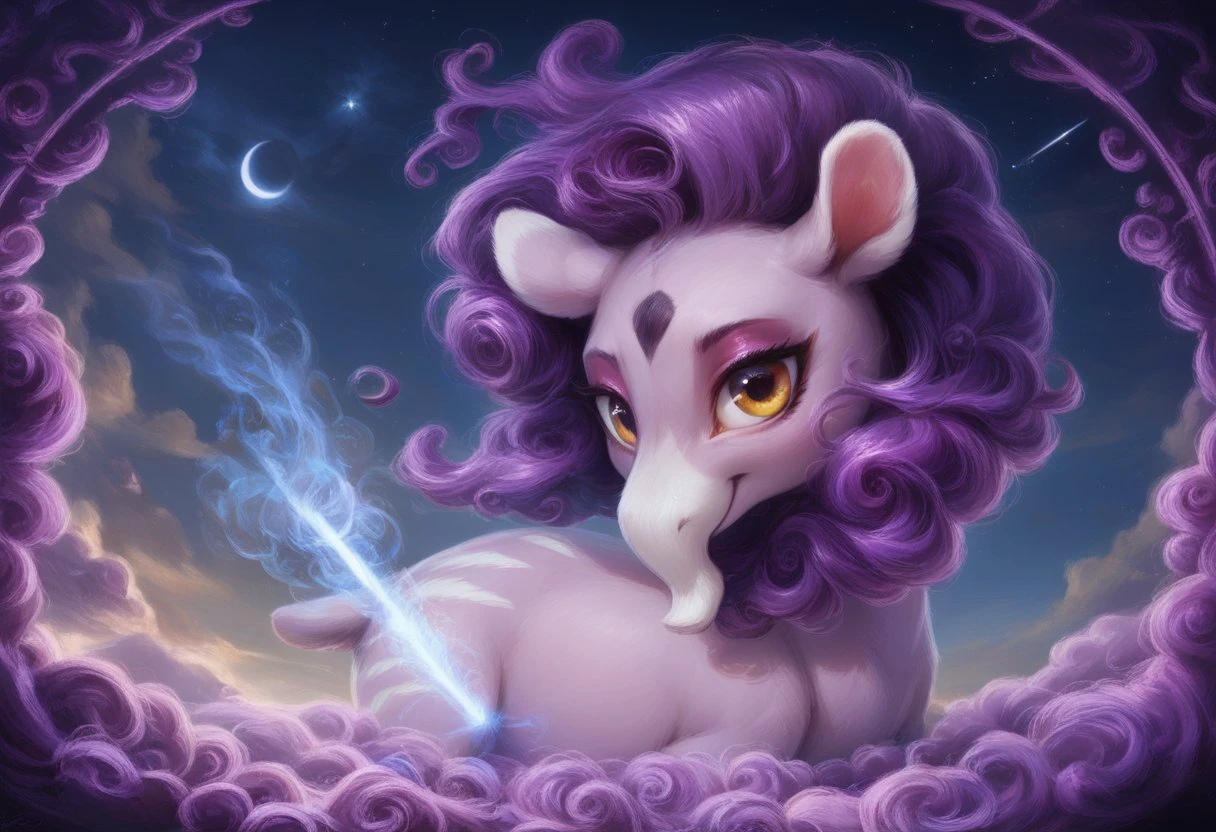 score_9, score_8_up, score_7_up, score_6_up, score_5_up, score_4_up,<lora:Nidra TFH:1>Nidra TFH, lavender fur with white stripes and on her body, Fluffy purple mane wraps around her neck, Tapir,  mare, detailed background, detailed, beautiful, contrast lighting, cozy, simple background, detailed character, wild, clouds, clouds around, cloud shapes, night, stars, moonlight, comets, , pretty moon shape mark, shooting stars in background and foreground, sleeping, standing on cloud, falling comets, dynamic composition, big moon in background, focus on eyes, close up, epic magic circle around, magic blue aura, horn magic sparks and field, <lora:Realistic000003_1_2.5DAnime_0.05_Merge1:1>