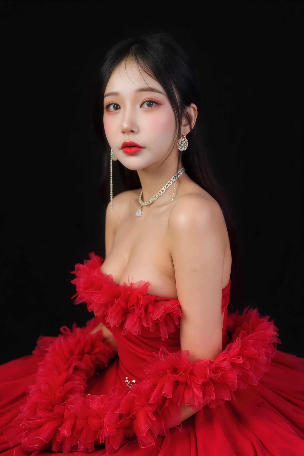 A captivating portrait of BJHaru, dressed in a luxurious red, ruffled gown, adorned with delicate, silver chain earrings. Her poised expression is highlighted by bold red lipstick and soft, glowing skin, against a deep black background. Her dark hair is styled back, drawing attention to her striking features and the elegant flow of her gown. The overall mood is one of sophistication and grace, exuding confidence and beauty.