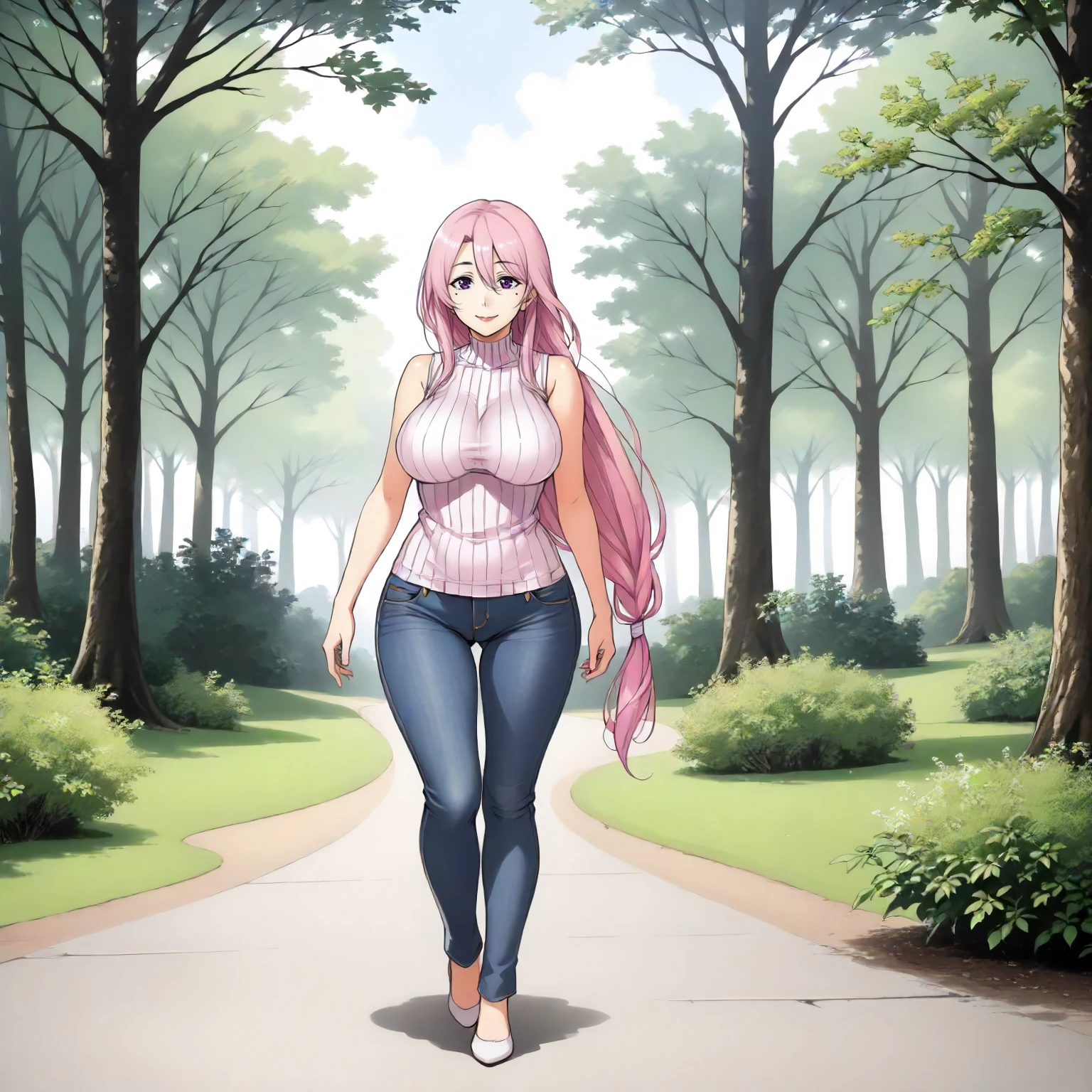 <lora:ToY_AkoNijyouXLpony001>,
outdoors,nature,
smile,
solo,
AkoNijyou,1girl,pink hair,long hair,purple eyes,
one mole under eye,
low-tied long hair,
large breasts,
wide hips,
ribbed sweater,sleeveless,
jeans pants,
full body,standing,