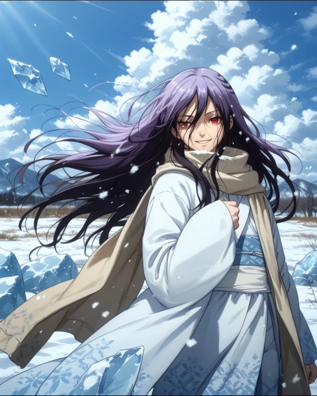 score_9,score_8_up,score_7_up,
day,in winter,field,snow,ice,wind,
Setsura,solo,red eyes,1girl,black hair,purple hair,
white kimono,
standing,smile,<lora:Setsura_PONY:1>,